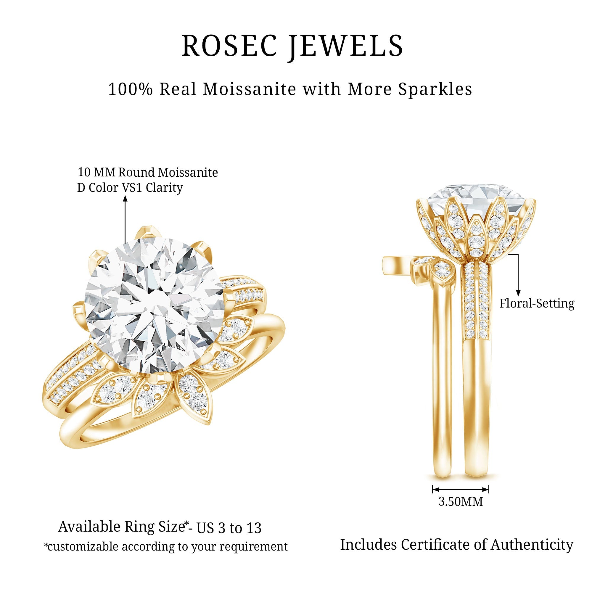 10MM Round Moissanite Flower Engagement Ring With Enhancer