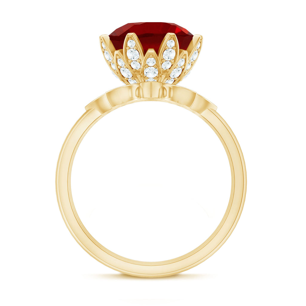 Lab Grown Ruby Flower Bridal Engagement Ring Set with Moissanite