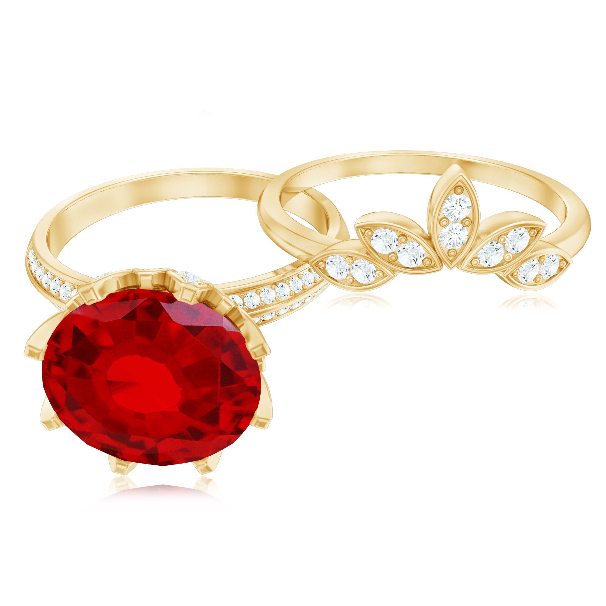 Lab Grown Ruby Flower Bridal Engagement Ring Set with Moissanite