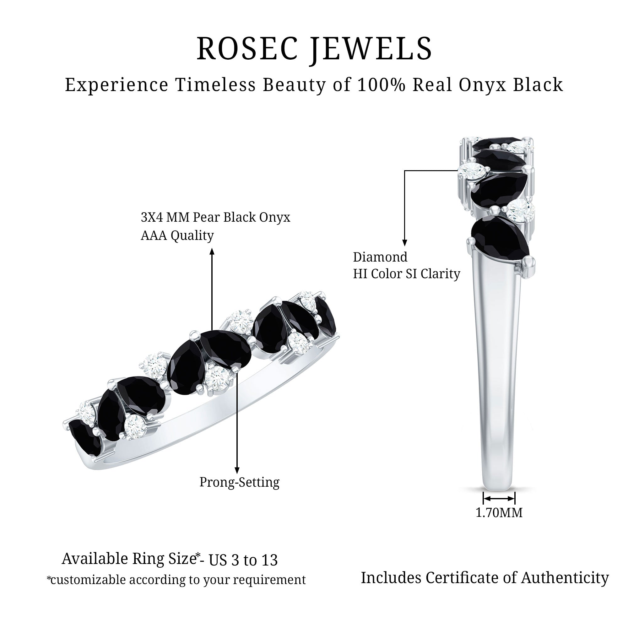 Natural Black Onyx and Diamond Half Eternity Band Ring