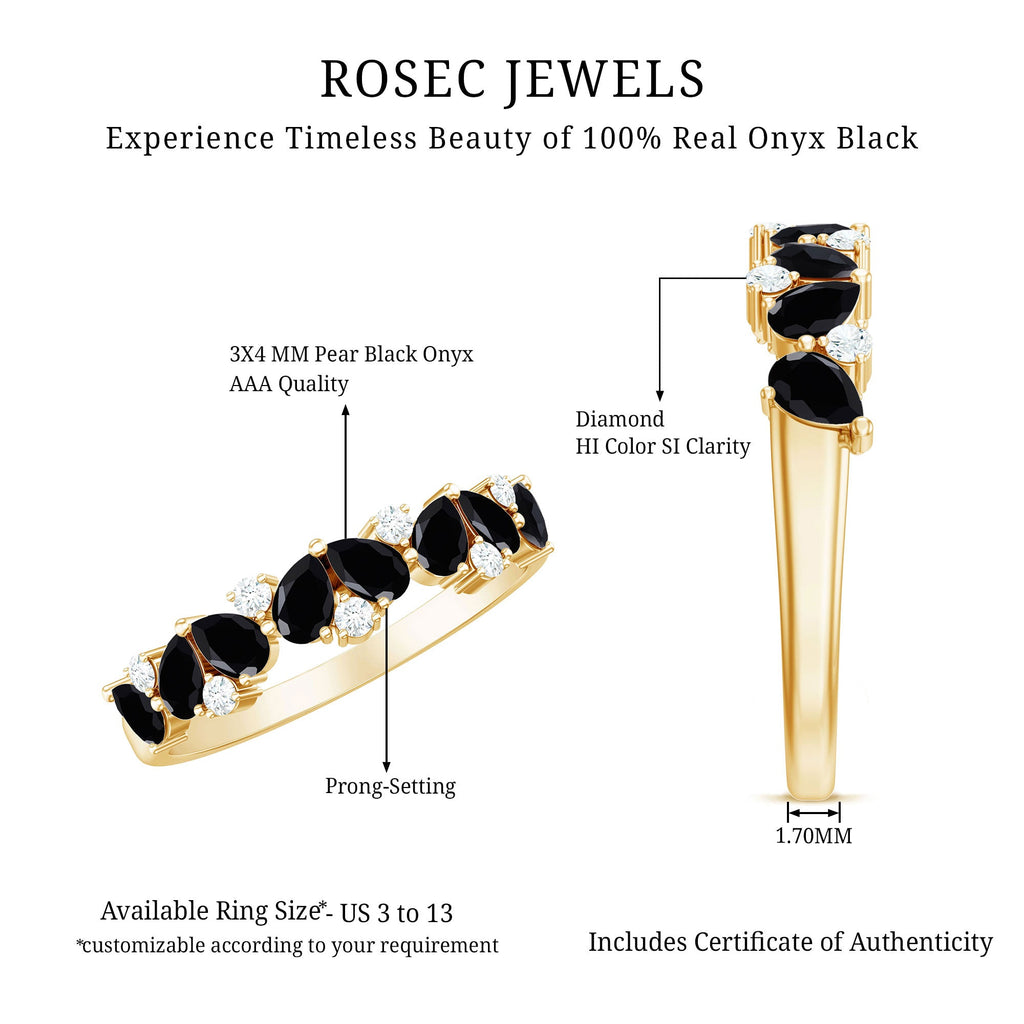 Natural Black Onyx and Diamond Half Eternity Band Ring