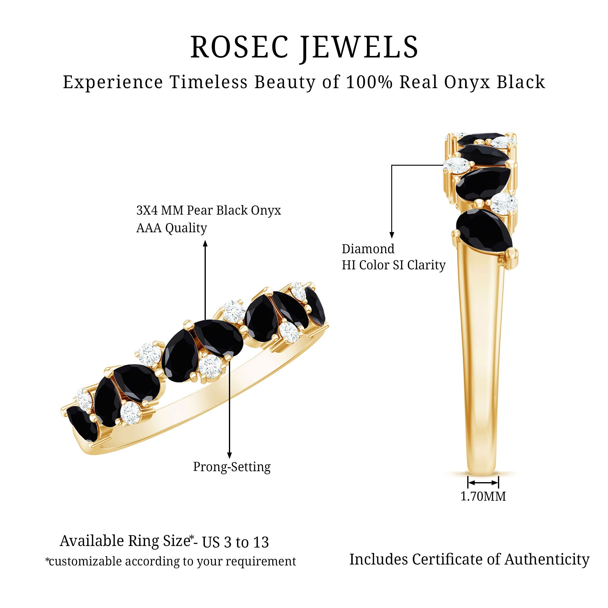 Natural Black Onyx and Diamond Half Eternity Band Ring