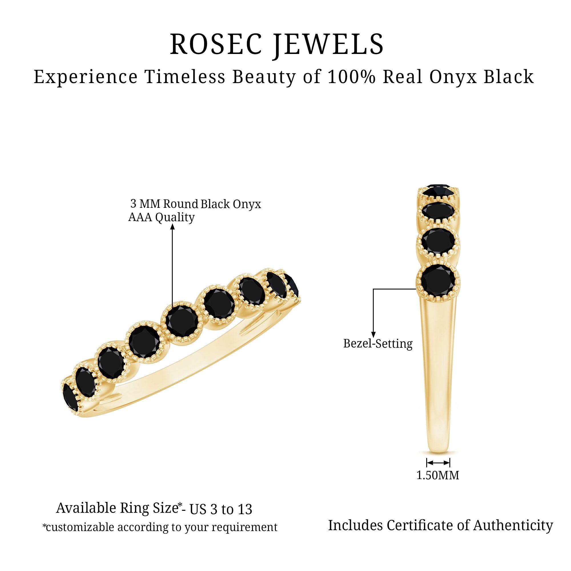 Beaded Bezel Set Black Onyx Half Eternity Wedding Band