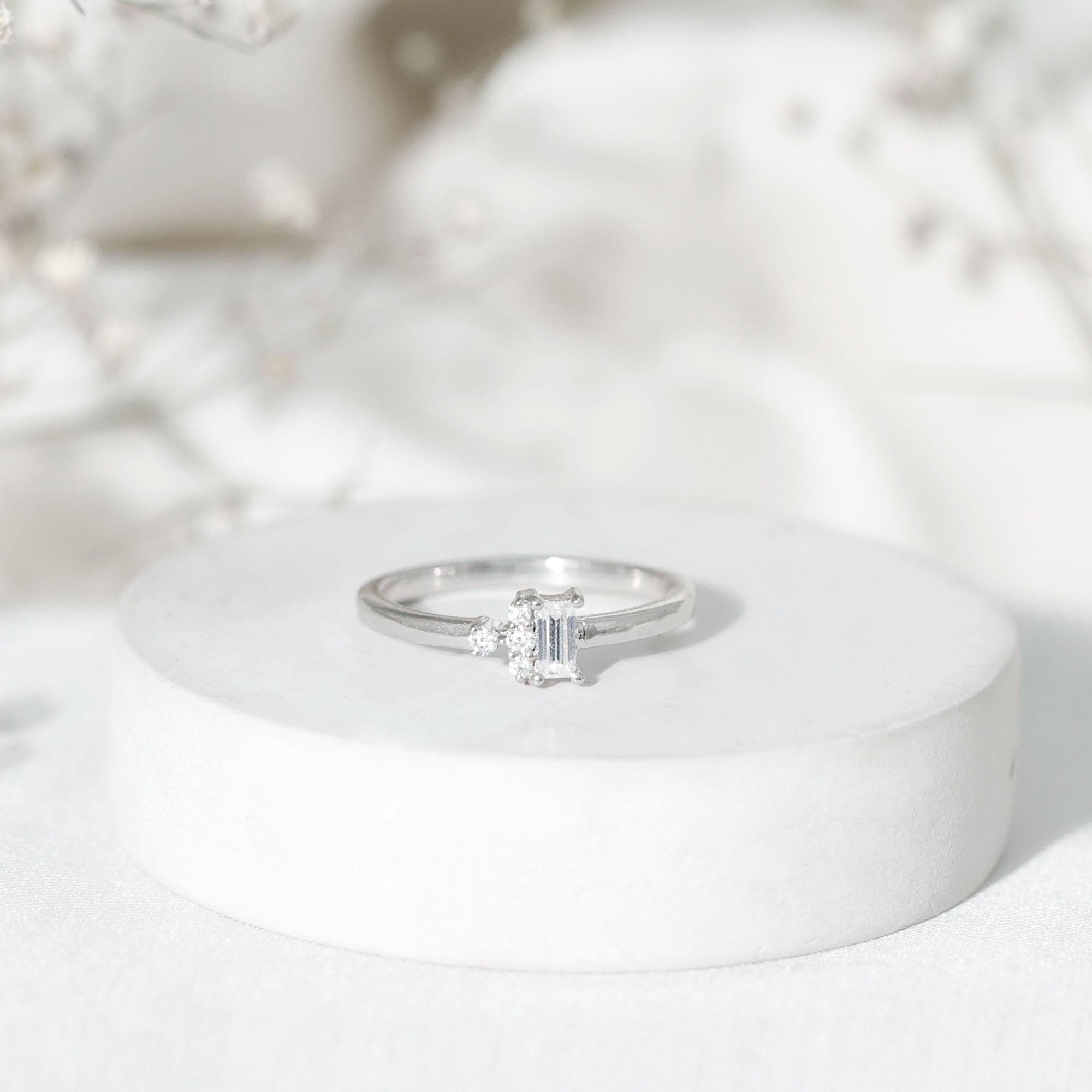 Dainty Promise Ring with Baguette and Round Moissanite