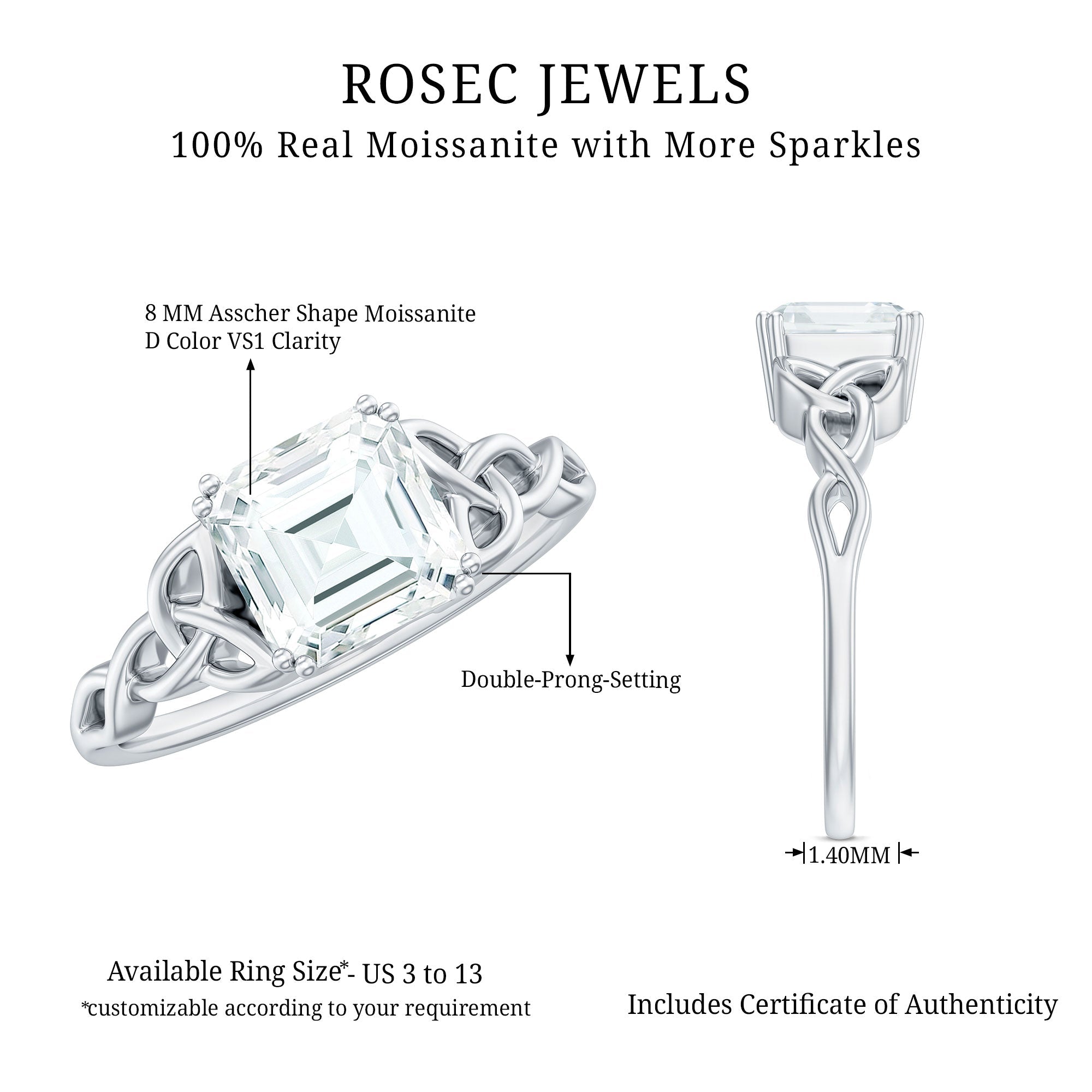 Asscher Cut 3 Carat Moissanite Celtic Knot Engagement Ring