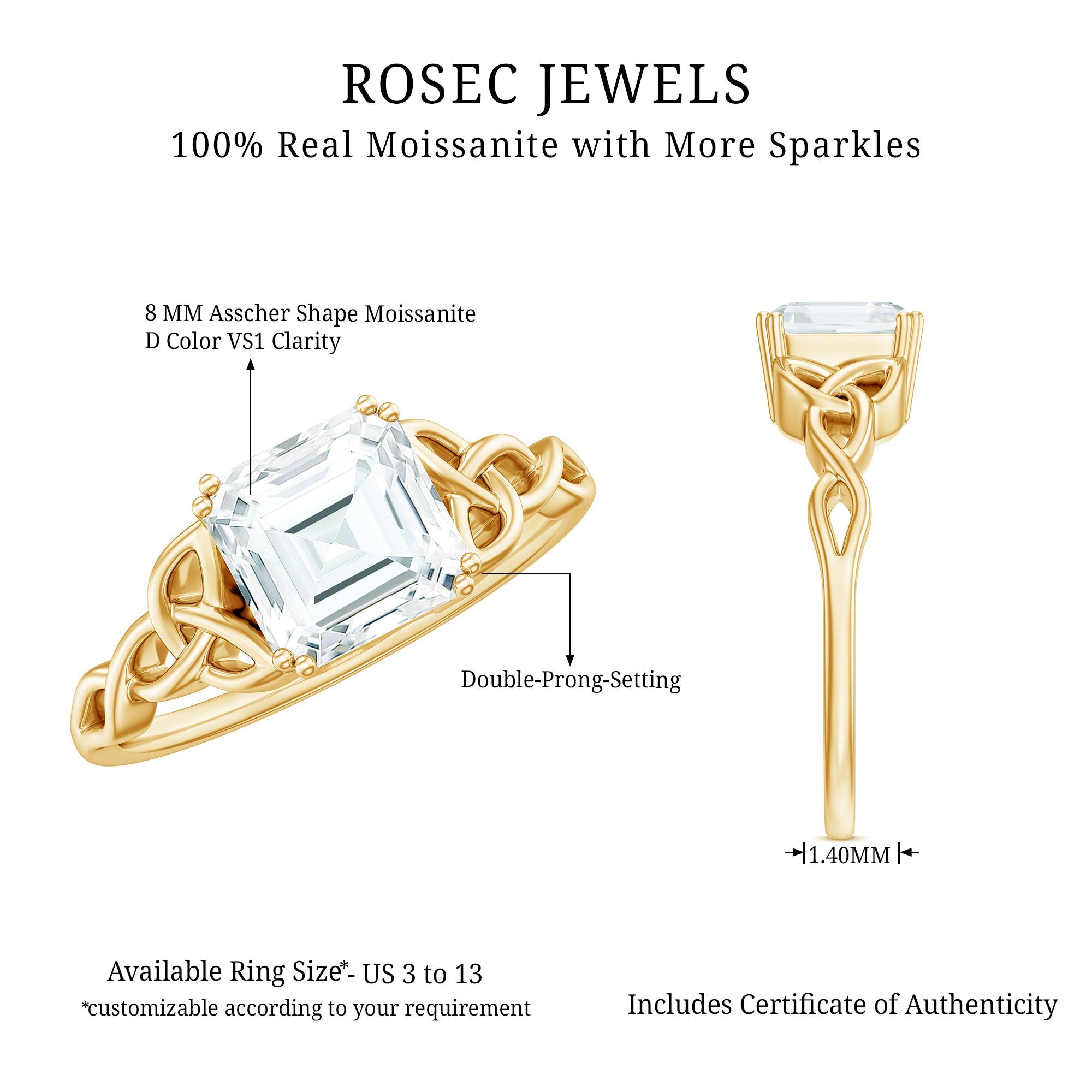 Asscher Cut 3 Carat Moissanite Celtic Knot Engagement Ring