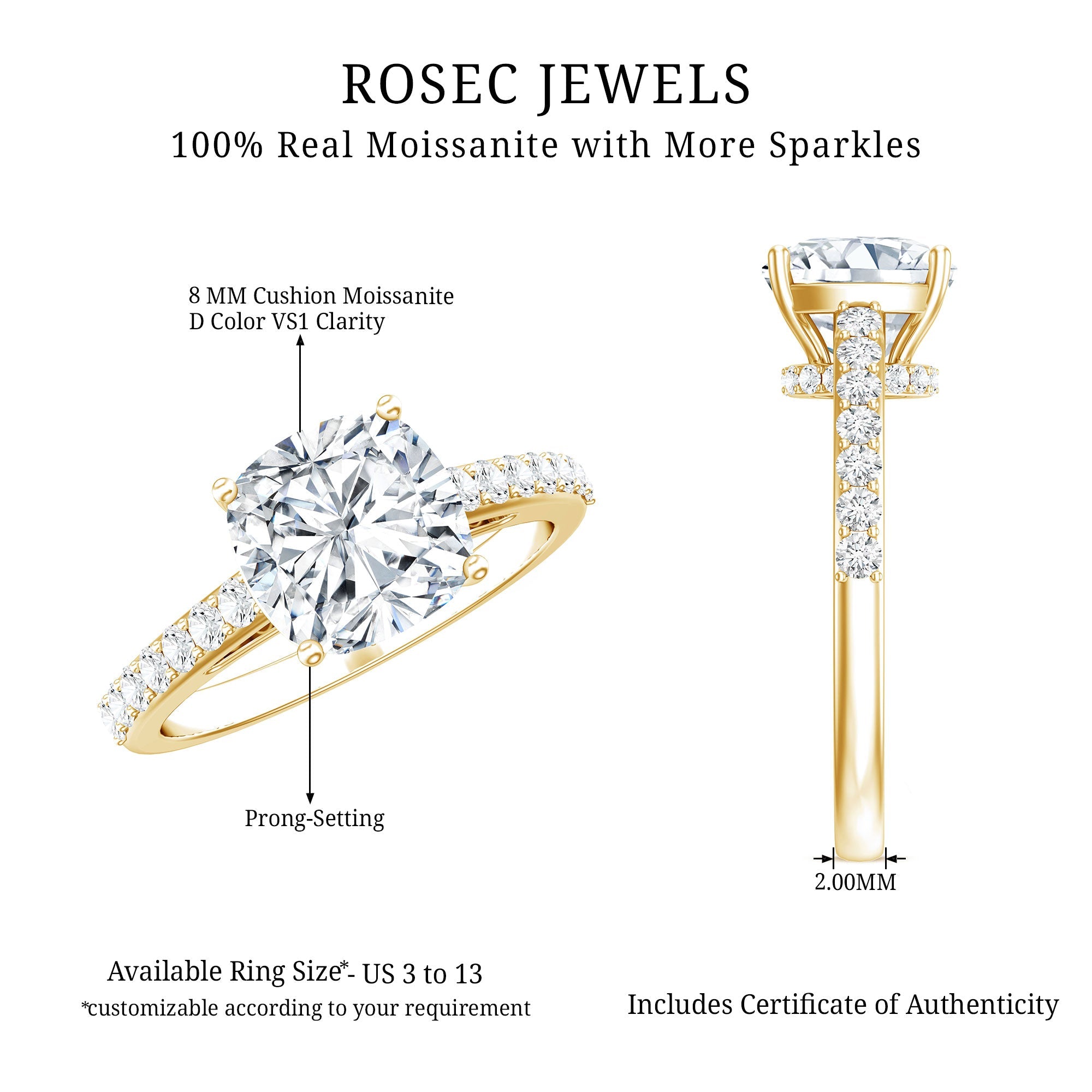 3 CT Cushion Cut Moissanite Solitaire Engagement Ring