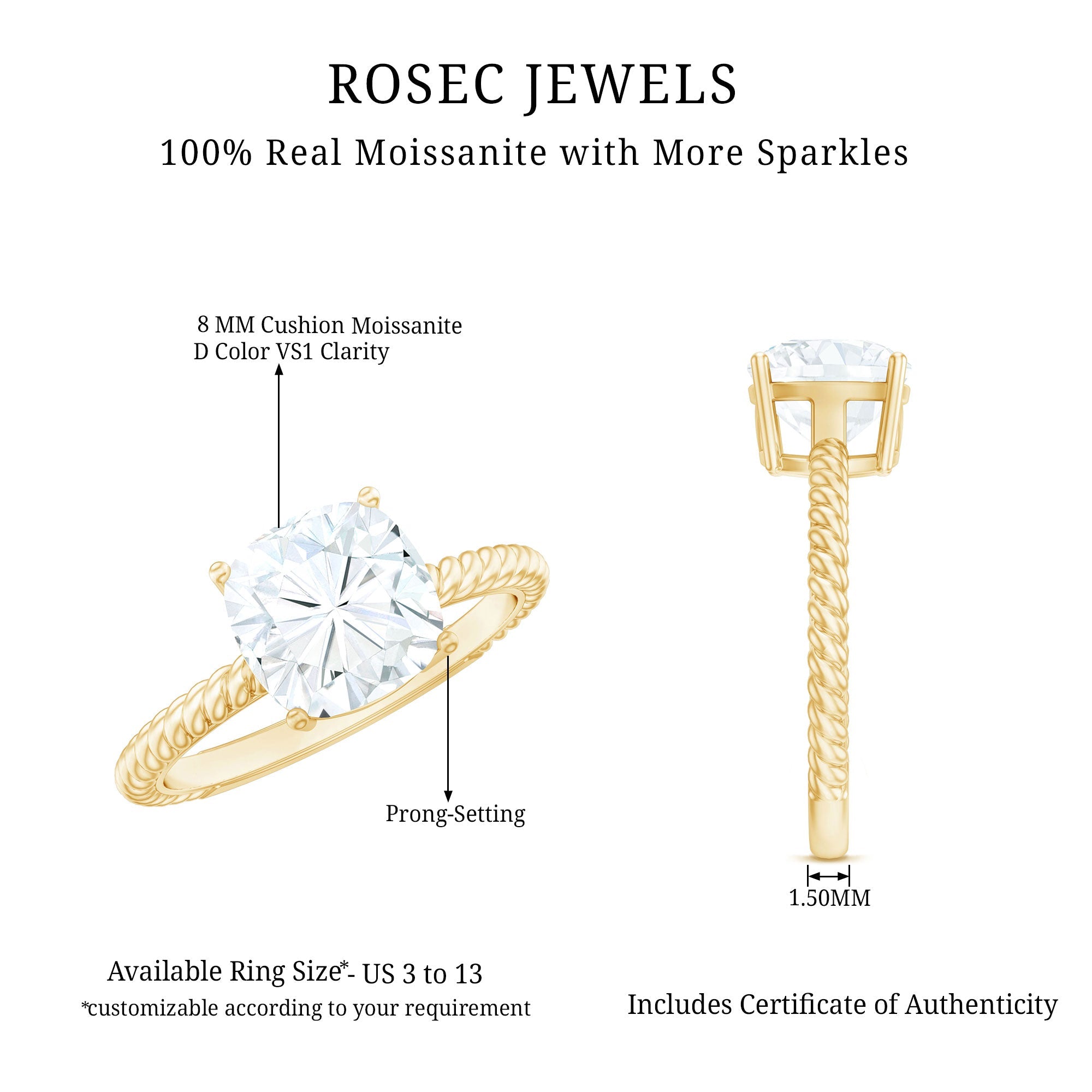 3 CT Certified Moissanite Cushion Cut Engagement Ring