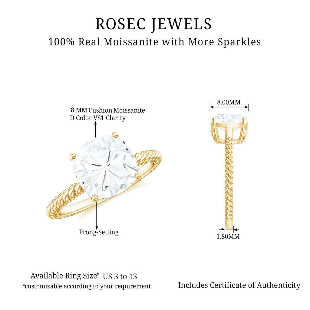Cushion Cut Moissanite Solitaire Engagement Ring with Twisted Rope