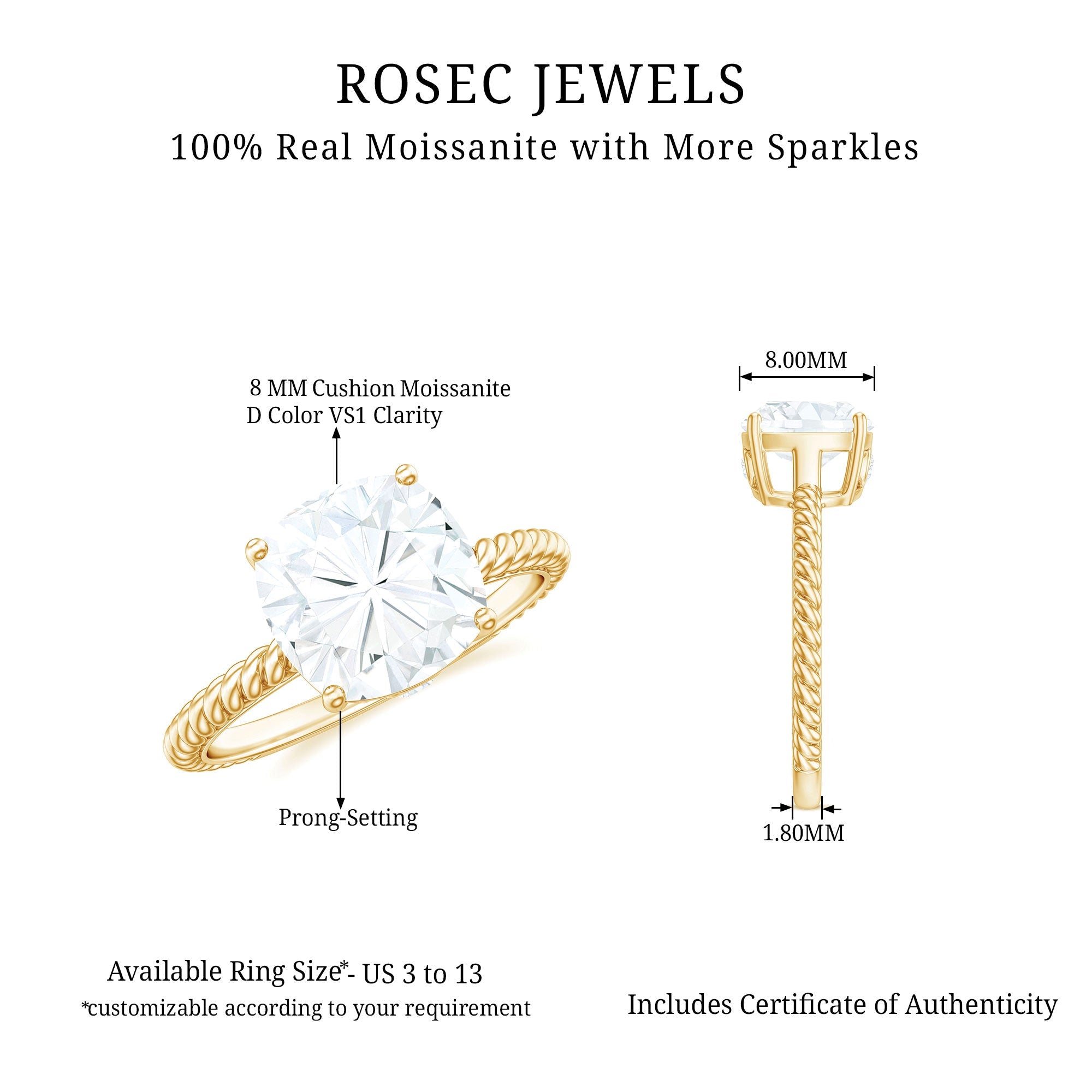 Cushion Cut Moissanite Solitaire Engagement Ring with Twisted Rope