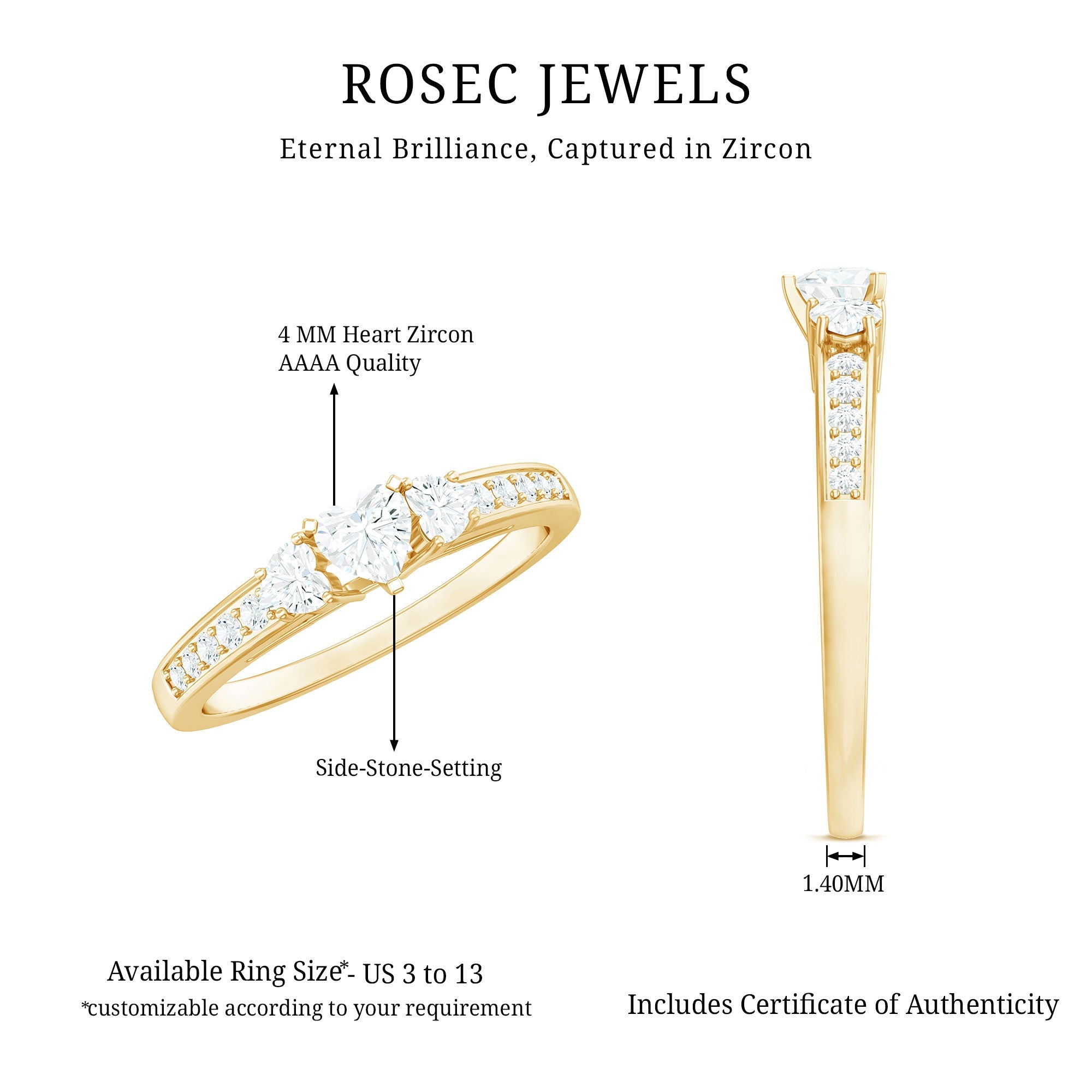 Heart Shape Zircon Anniversary Ring with Side Stones