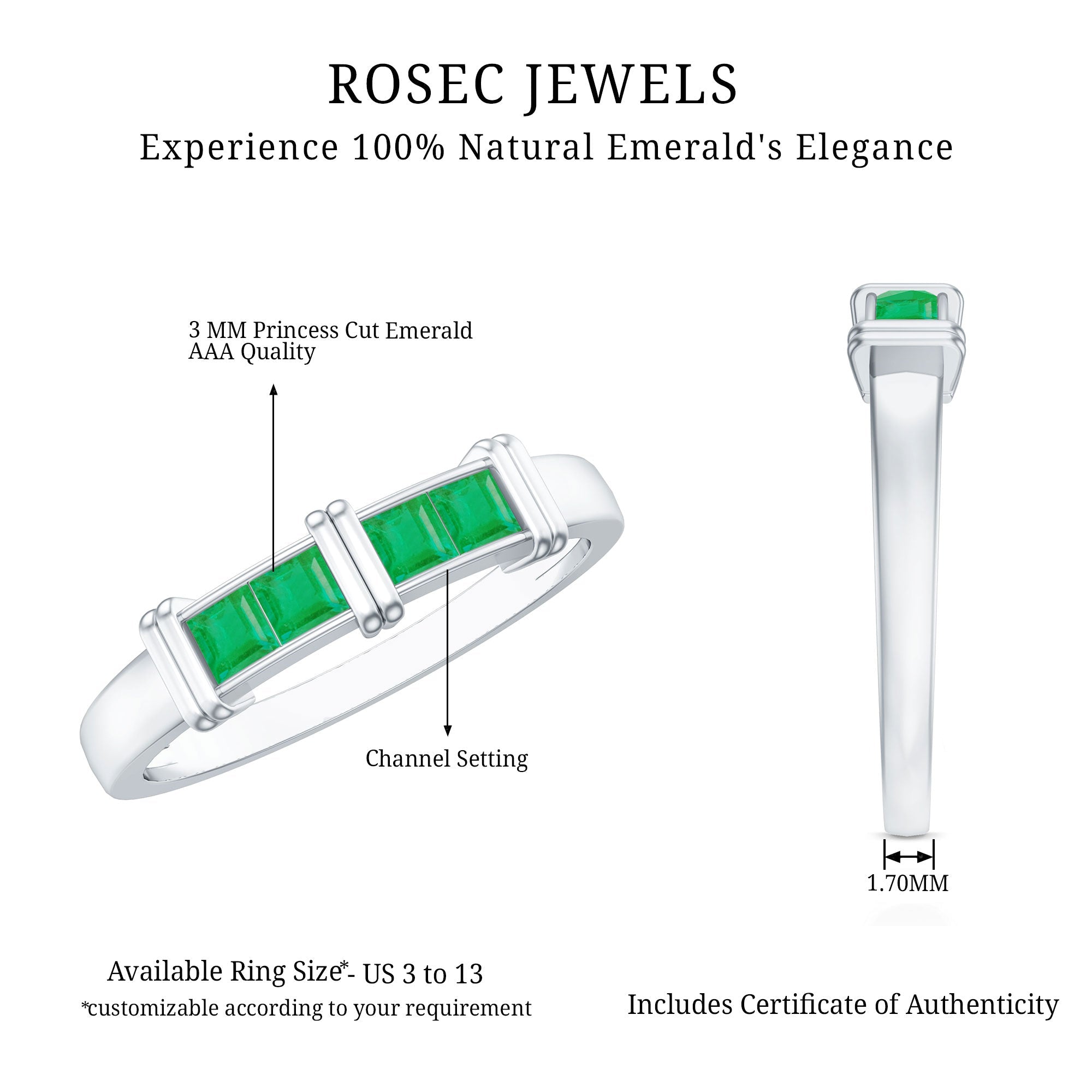 Princess Cut Real Emerald Band Ring in Channel Setting