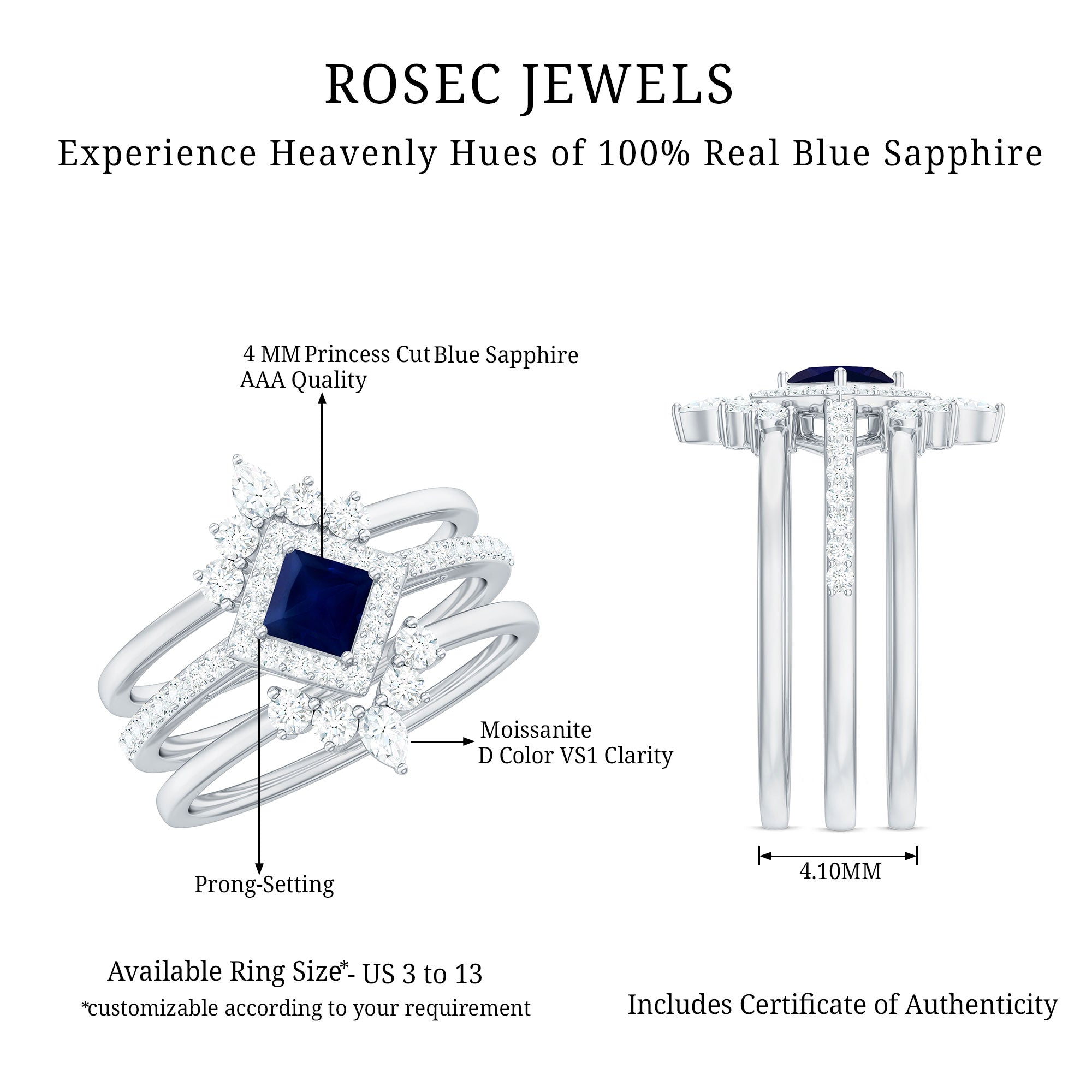 1.5 CT Princess Cut Blue Sapphire Bridal Ring Set with Moissanite Halo