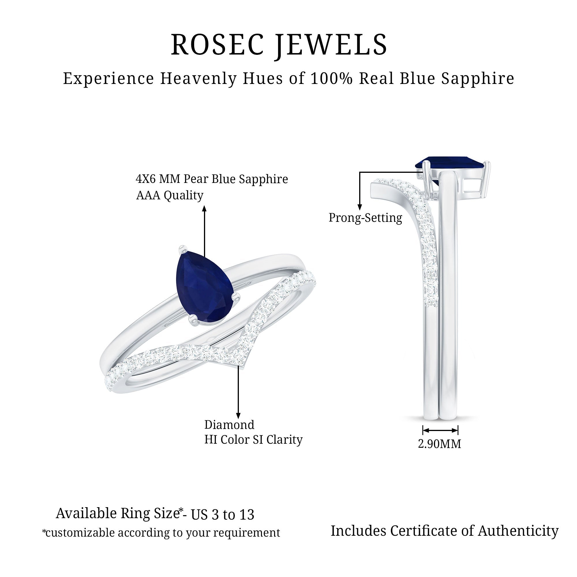 1 CT Pear Cut Blue Sapphire Solitaire Ring Set with Diamond Enhancer Band