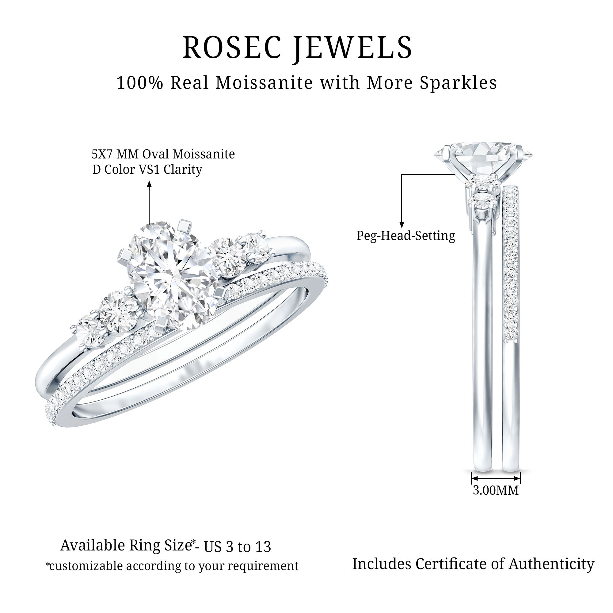 Certified Moissanite Oval Shaped Wedding Ring Set