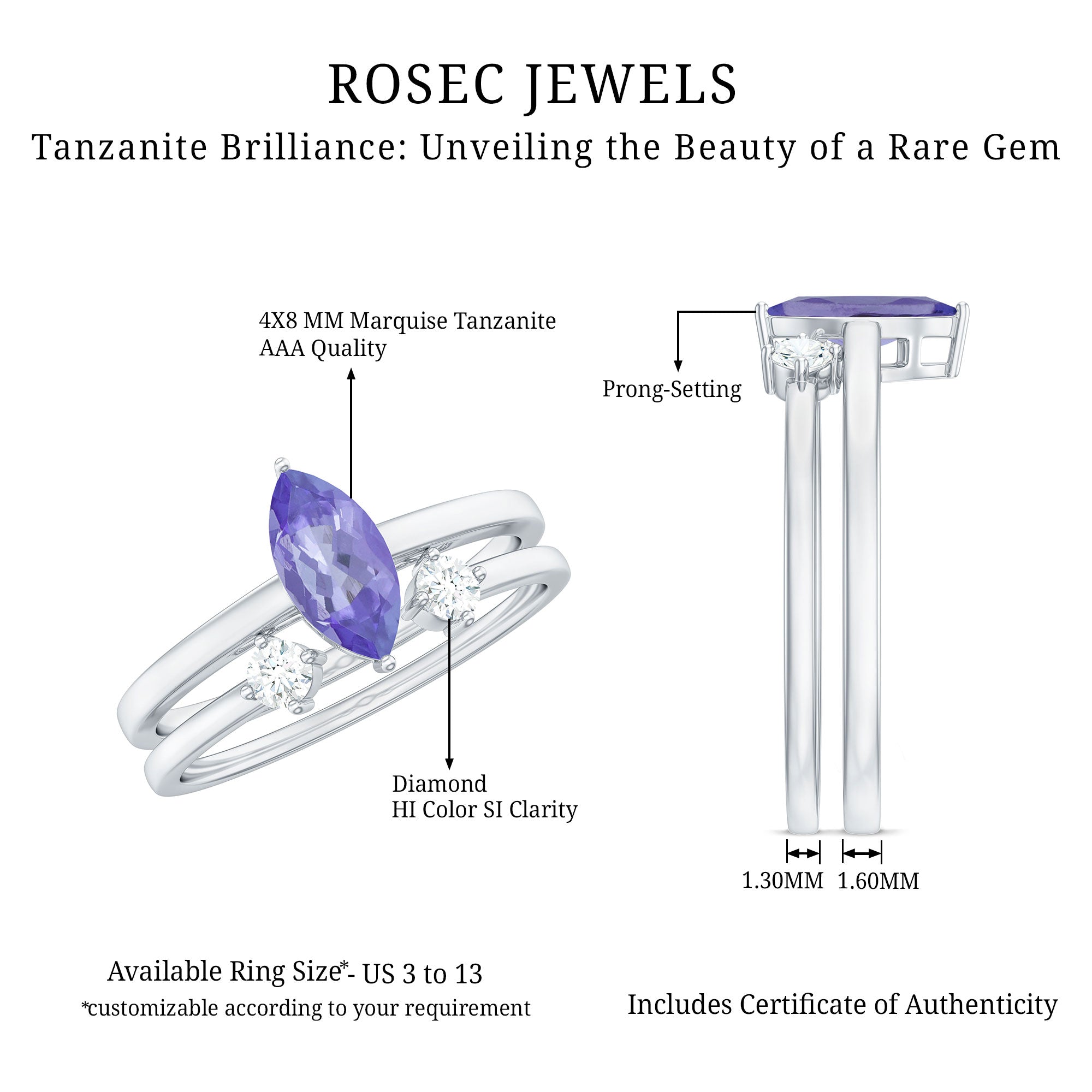 Natural Marquise Tanzanite Diamond Promise Ring Set of 2