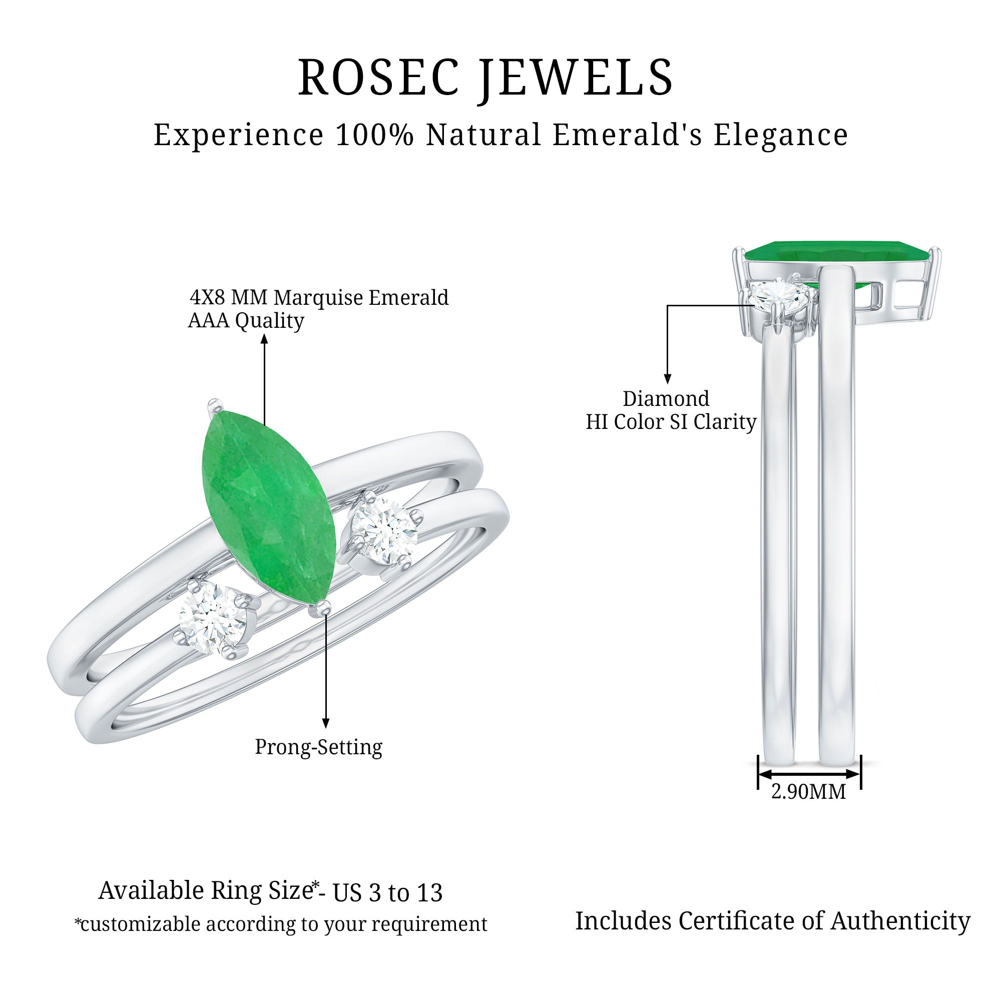 Natural Marquise Emerald Diamond Promise Ring Set of 2