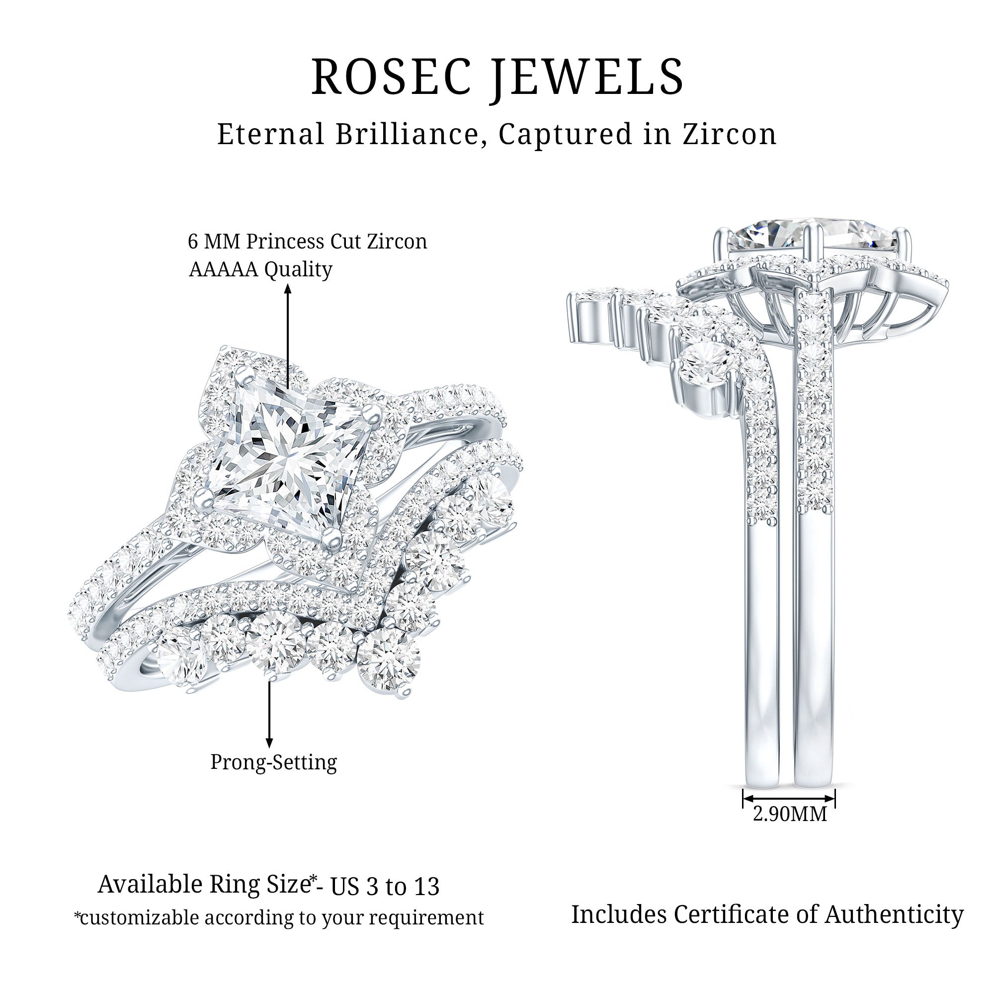 Certified Princess Cut Cubic Zirconia Flower Engagement Ring with Wedding Band