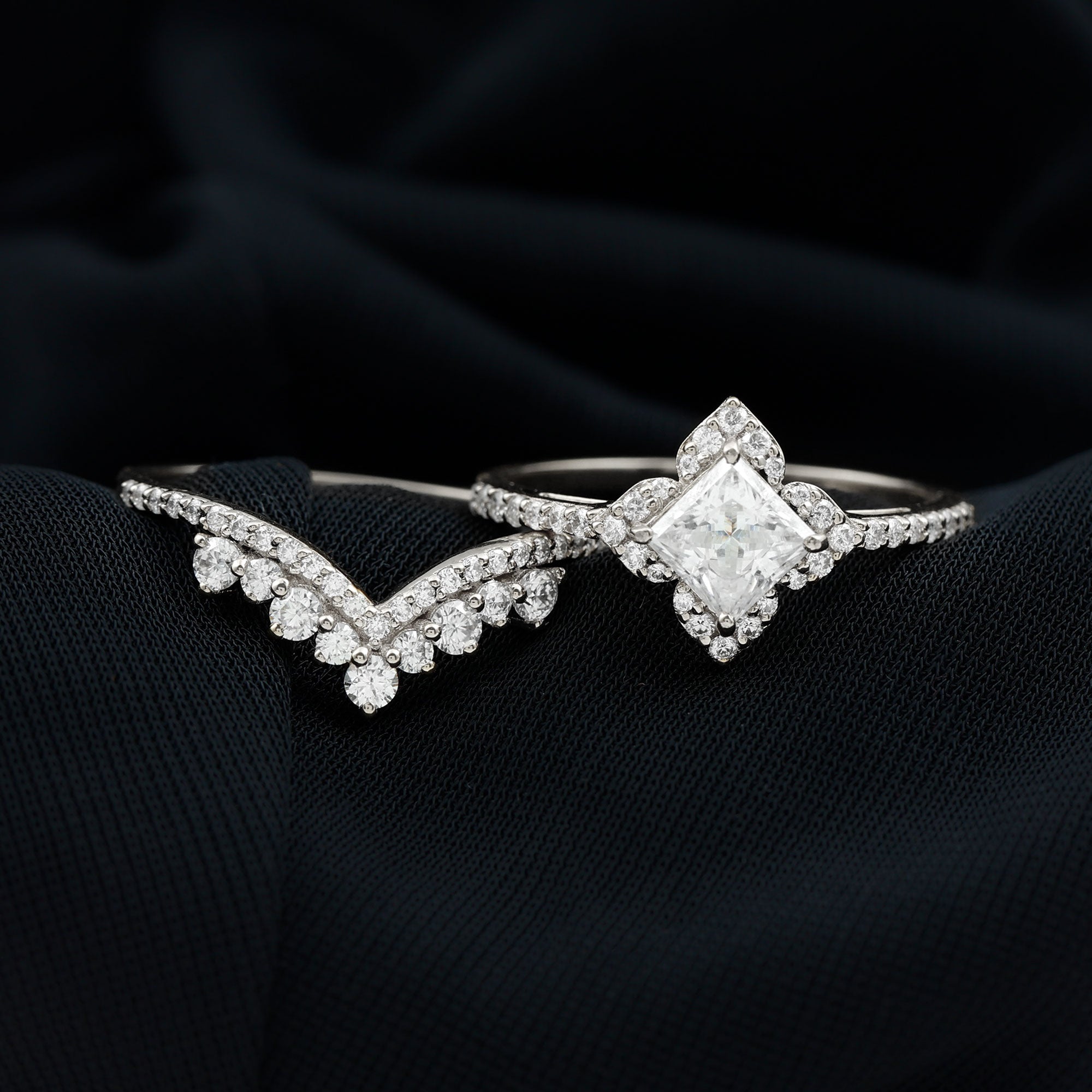 Certified Princess Cut Cubic Zirconia Flower Engagement Ring with Wedding Band