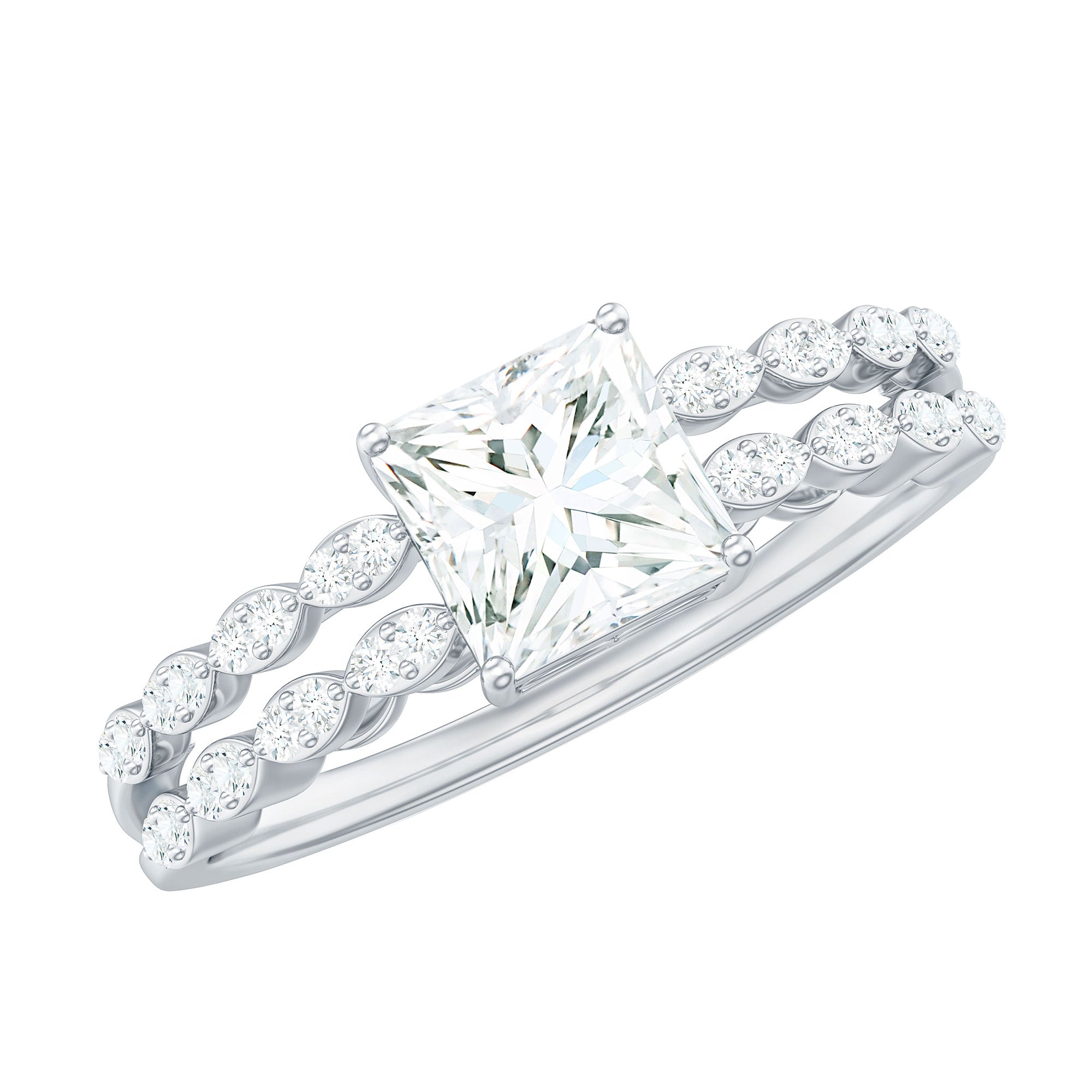 Princess Cut Zircon Double Band Engagement Ring with Side Stones