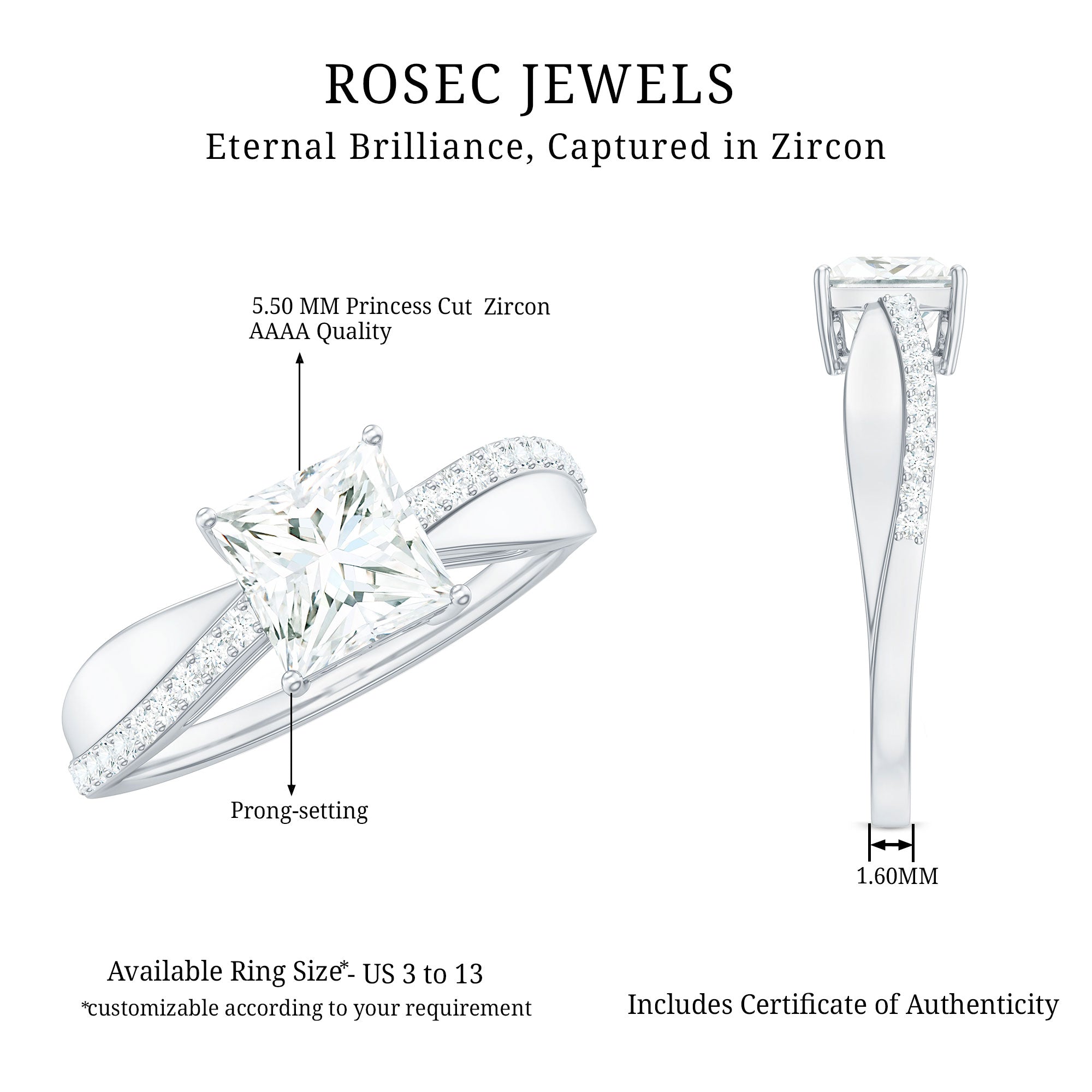 1 Carat Princess Cut Cubic Zirconia Solitaire Engagement Ring