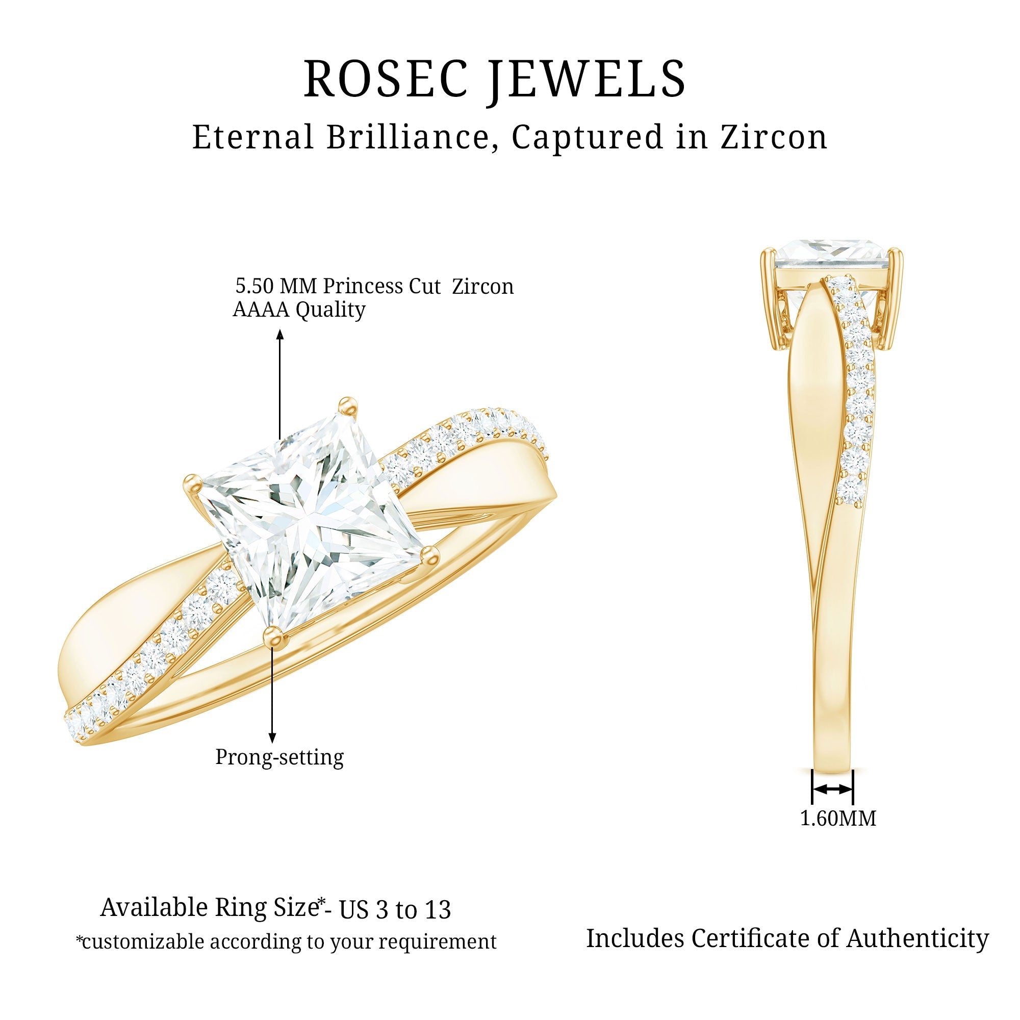 1 Carat Princess Cut Cubic Zirconia Solitaire Engagement Ring