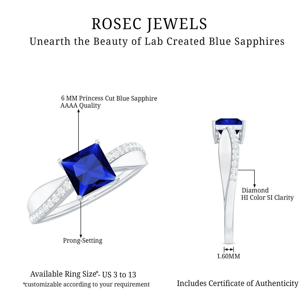 Certified 1.5 Carat Lab Grown Blue Sapphire Princess Cut Engagement Ring with Diamond