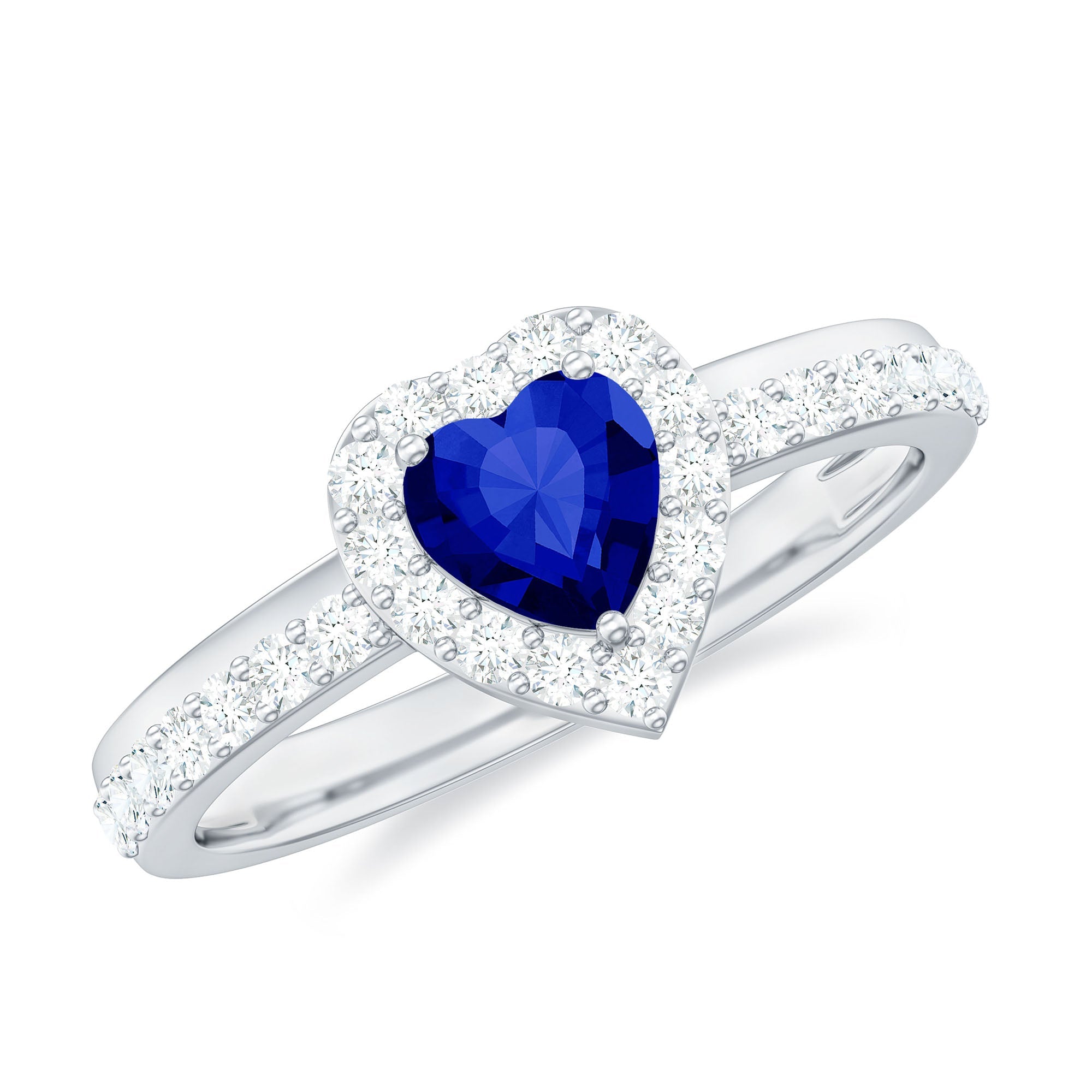 Certified 0.9 Carat Lab Grown Blue Sapphire Heart Engagement Ring with Diamond Halo