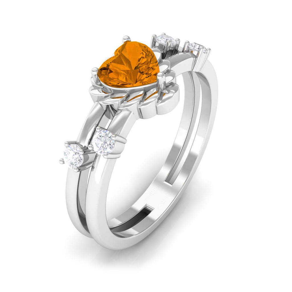 Heart Shape Citrine Solitaire Double Band Ring with Diamond