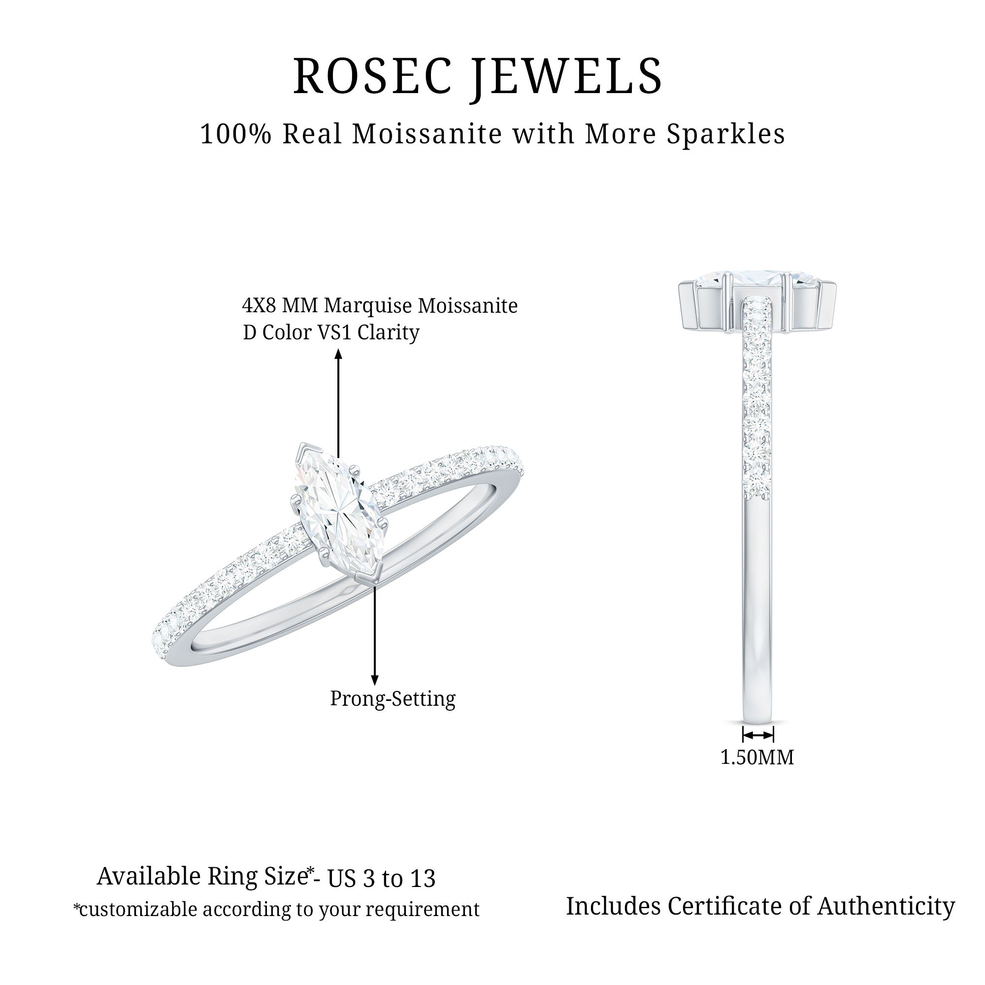 Marquise Cut Moissanite Solitaire Promise Ring for Women