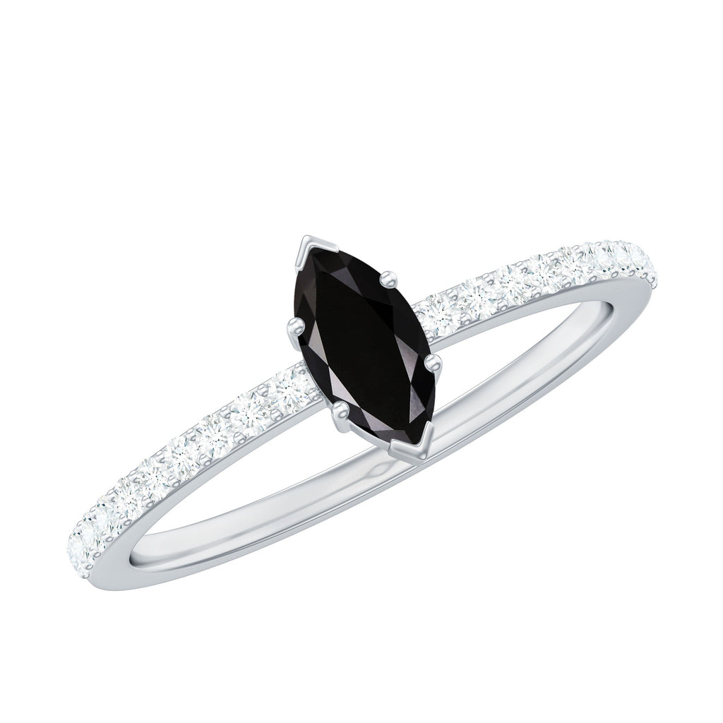 4x8mm Marquise Cut Black Onyx Minimal Promise Ring with Diamond