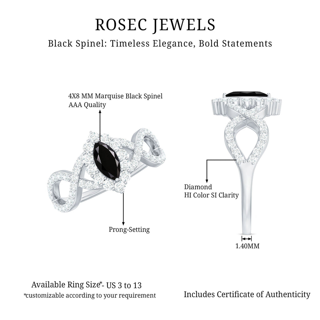 Natural Marquise Black Spinel Engagement Ring with Diamond Crossover Shank