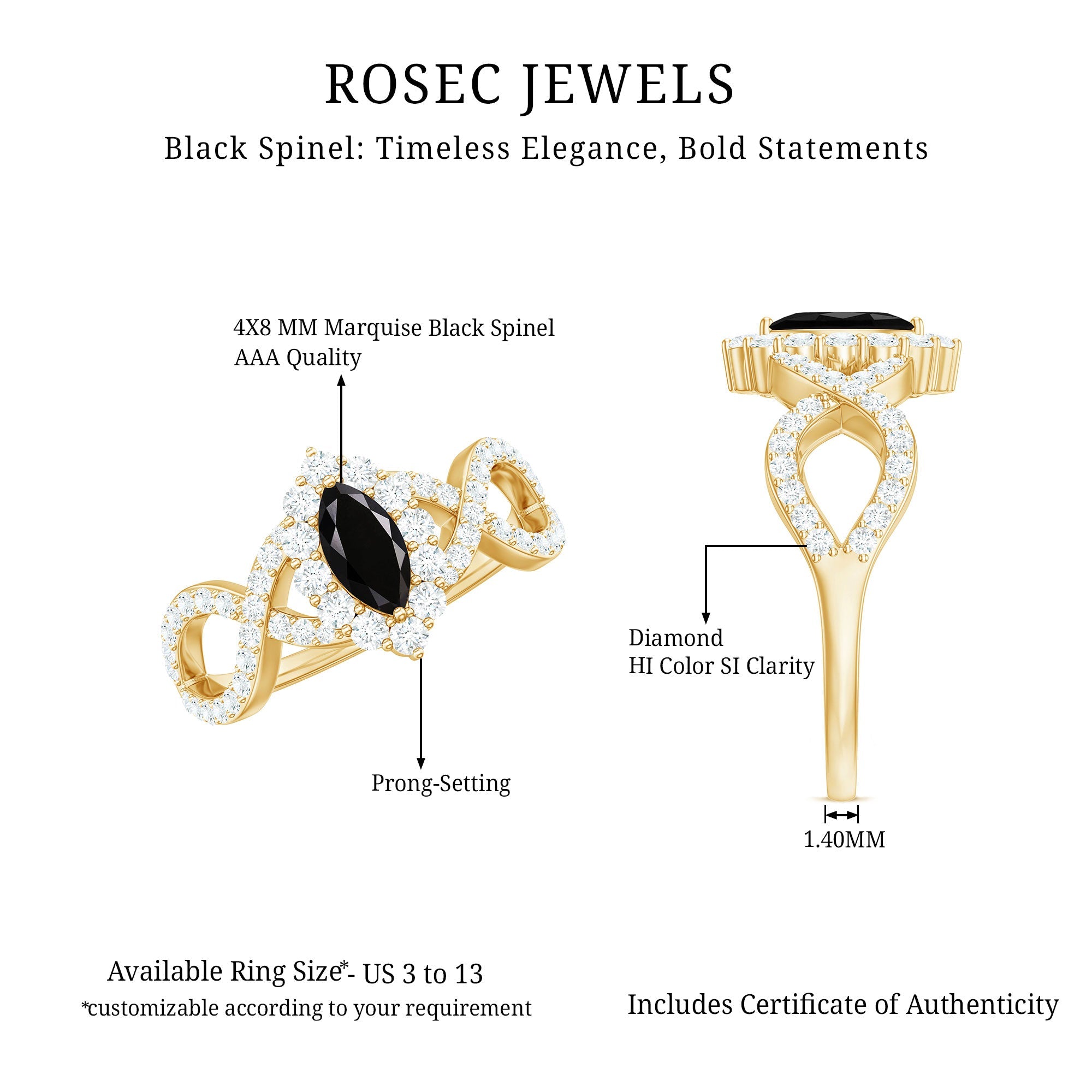 Natural Marquise Black Spinel Engagement Ring with Diamond Crossover Shank