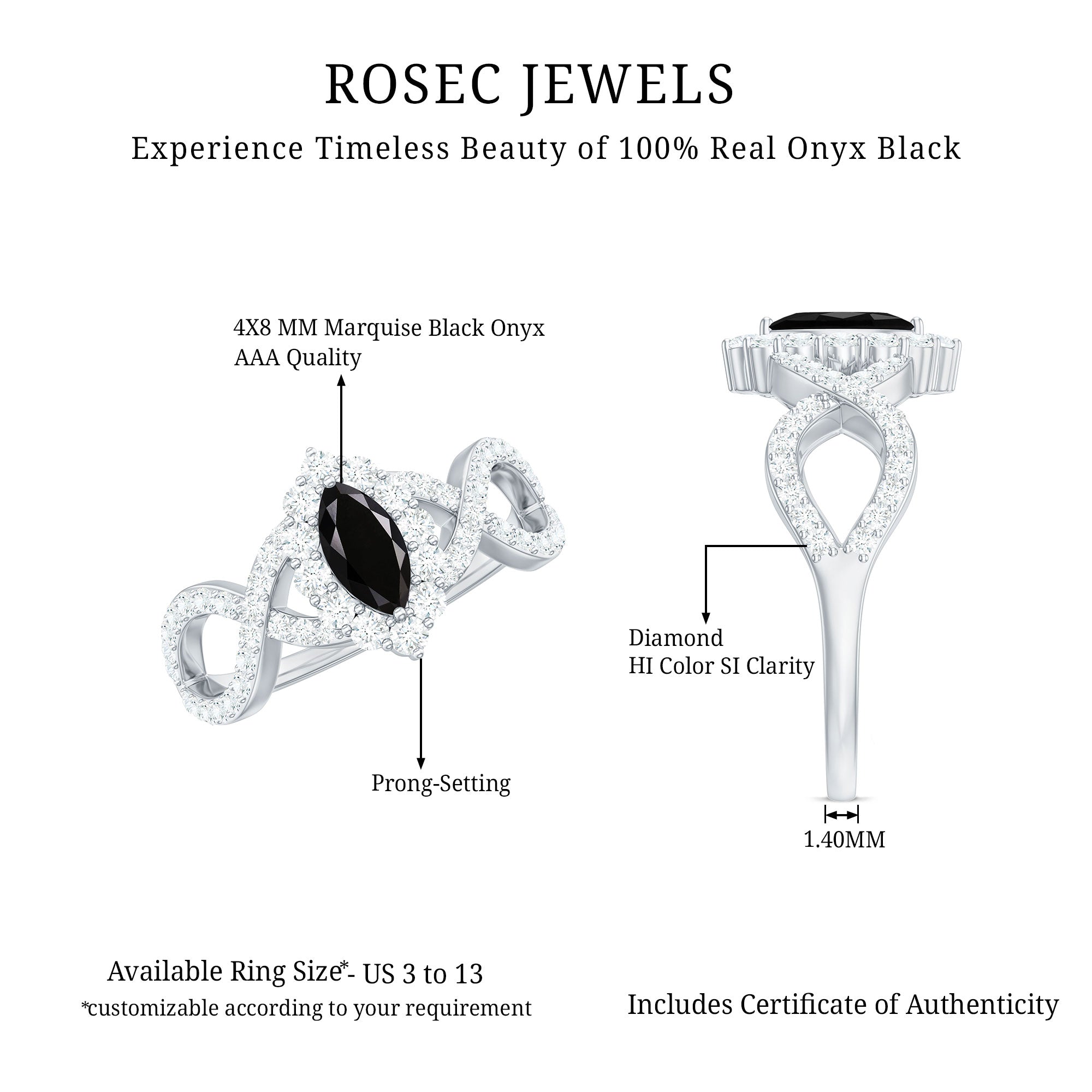 4x8mm Marquise Cut Black Onyx Statement Engagement Ring with Diamond Halo