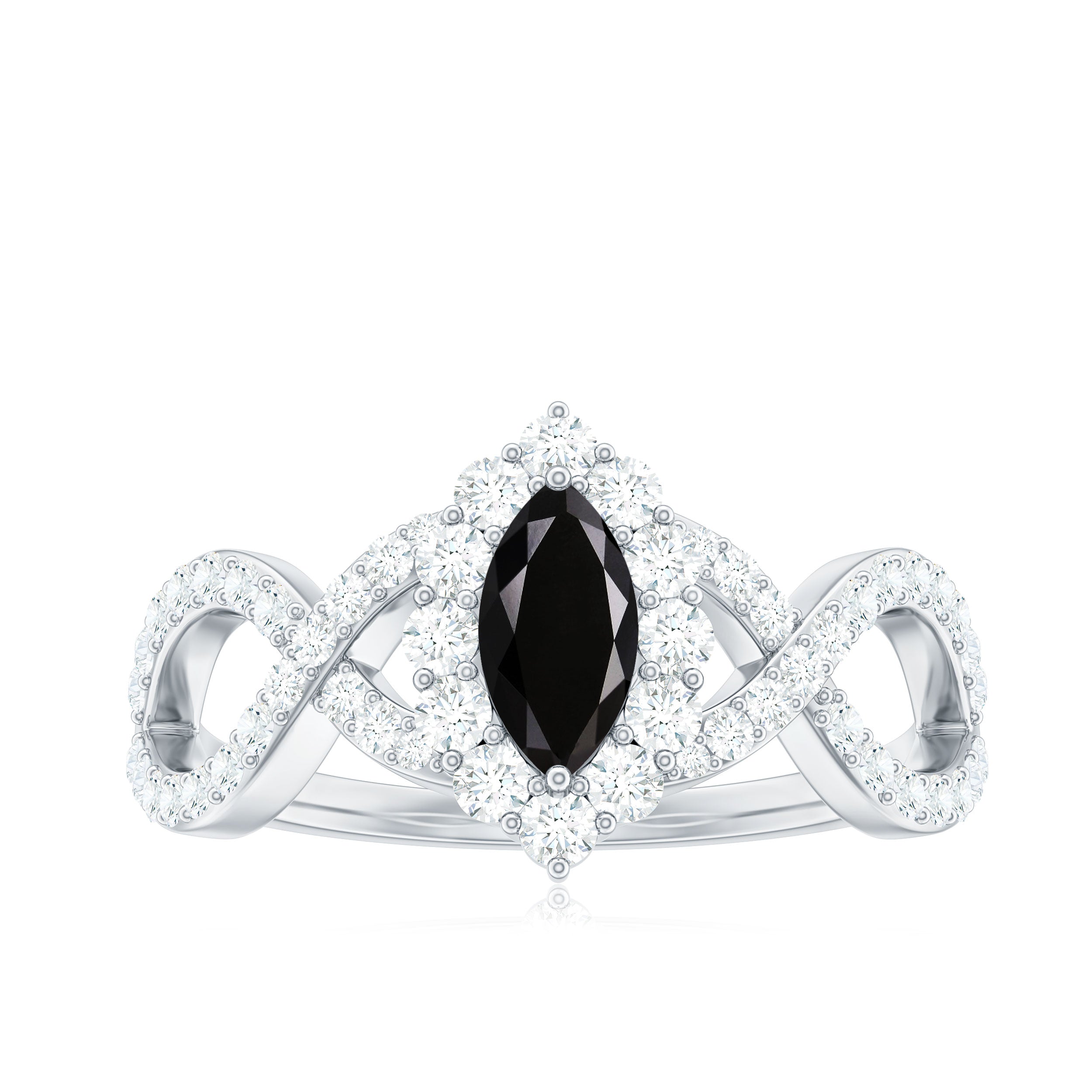 4x8mm Marquise Cut Black Onyx Statement Engagement Ring with Diamond Halo