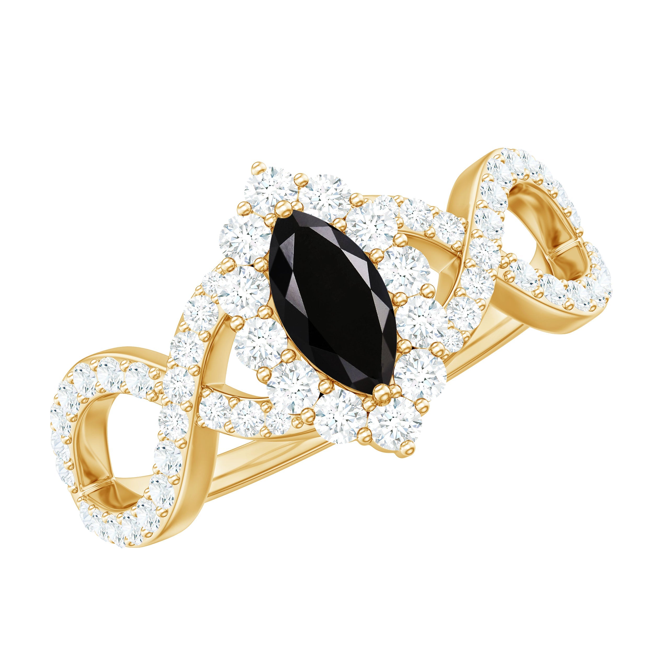 4x8mm Marquise Cut Black Onyx Statement Engagement Ring with Diamond Halo