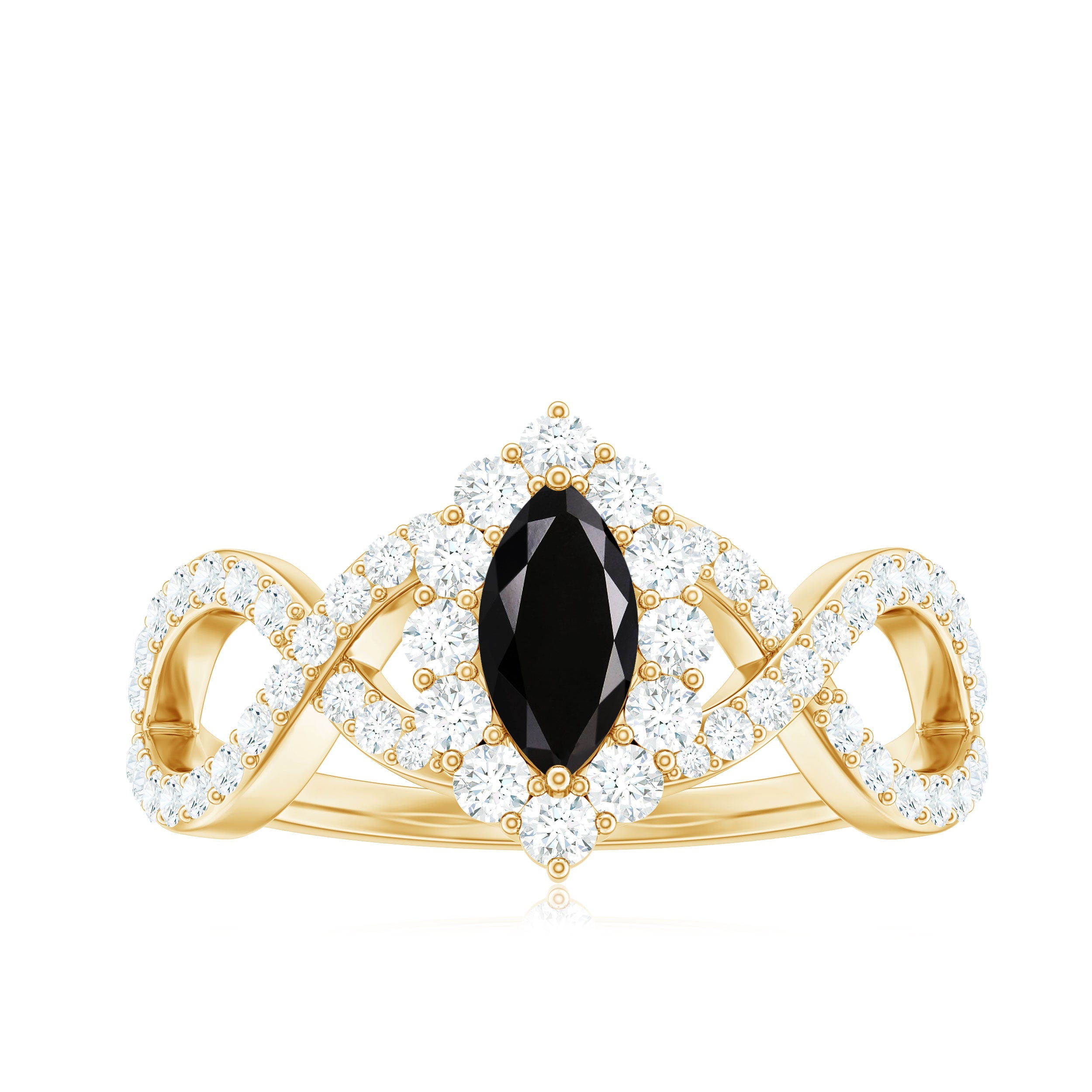4x8mm Marquise Cut Black Onyx Statement Engagement Ring with Diamond Halo