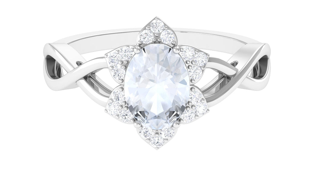 3/4 CT Oval Cut Solitaire Moonstone and Diamond Floral Halo Ring