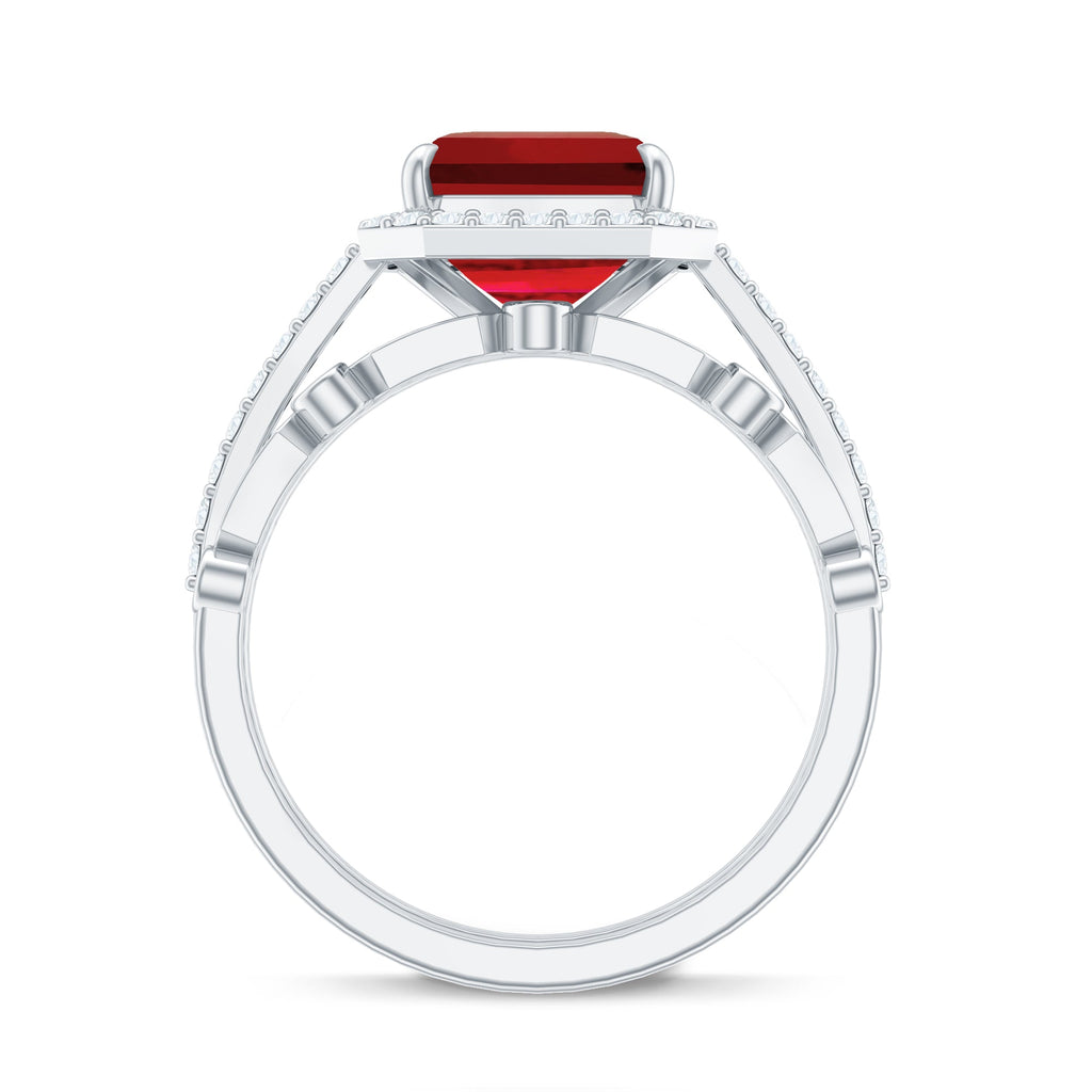 Lab Grown Ruby and Diamond Asscher Cut Engagement Ring With Enhancer