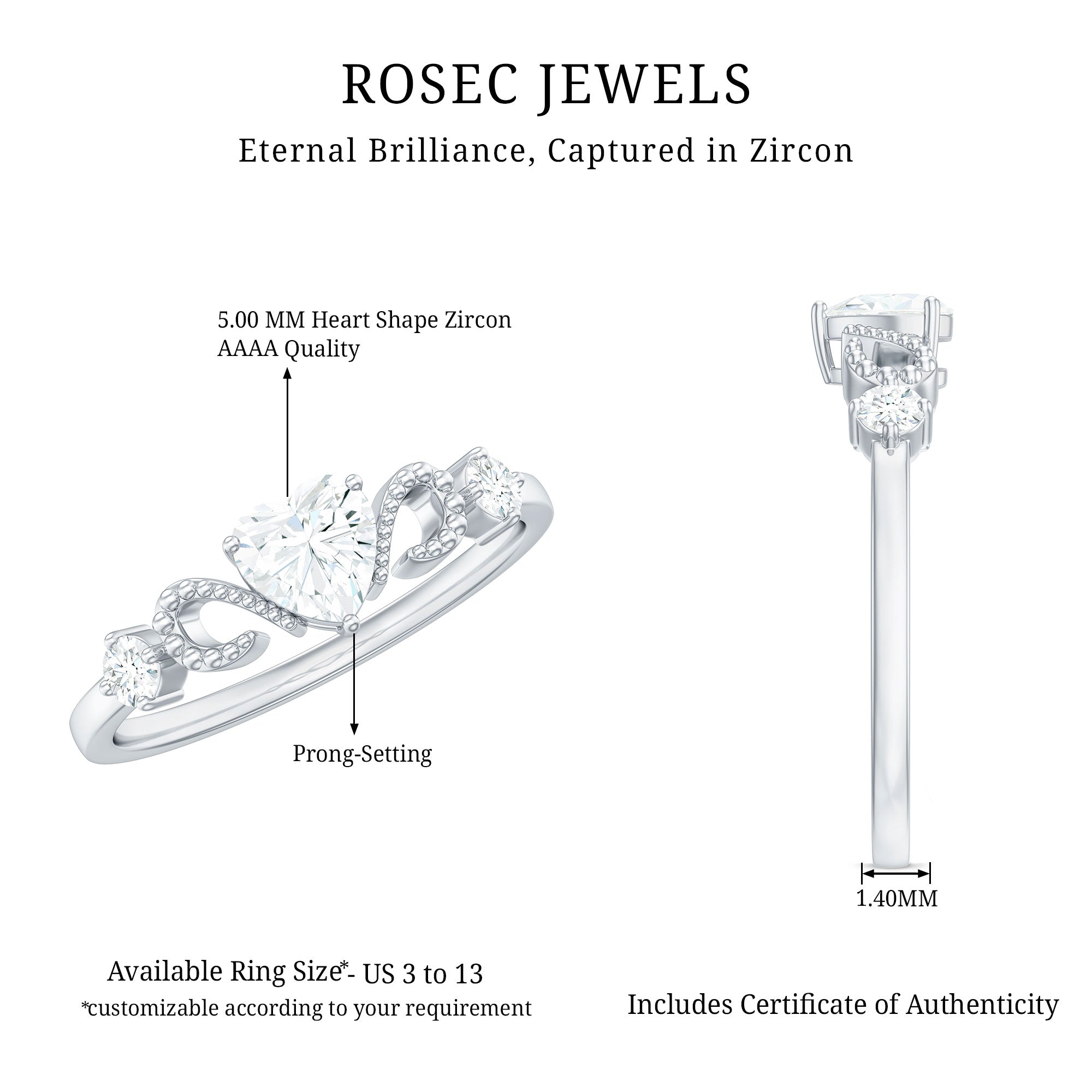 3/4 CT Minimal Zircon Heart Engagement Ring with Gold Beaded