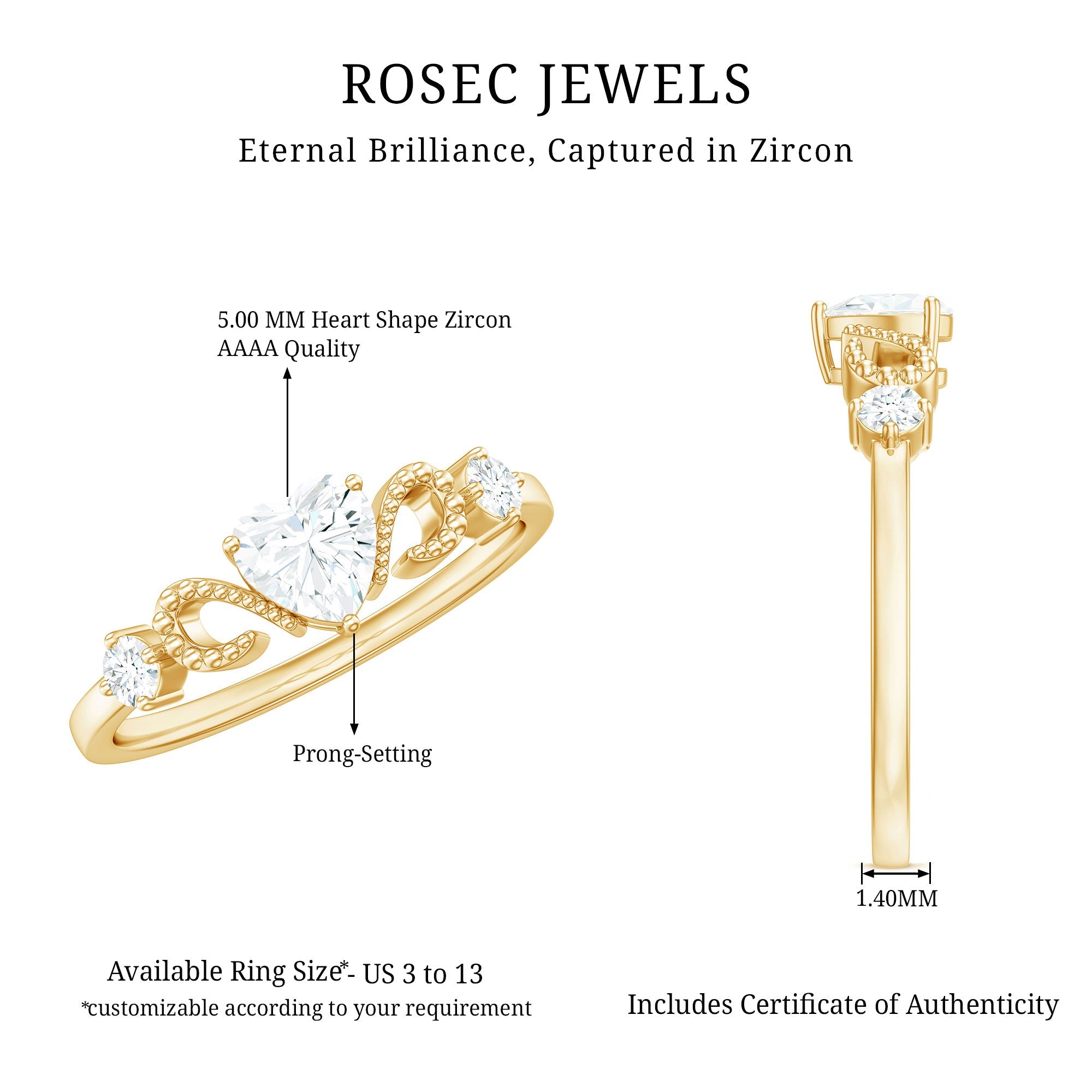3/4 CT Minimal Zircon Heart Engagement Ring with Gold Beaded