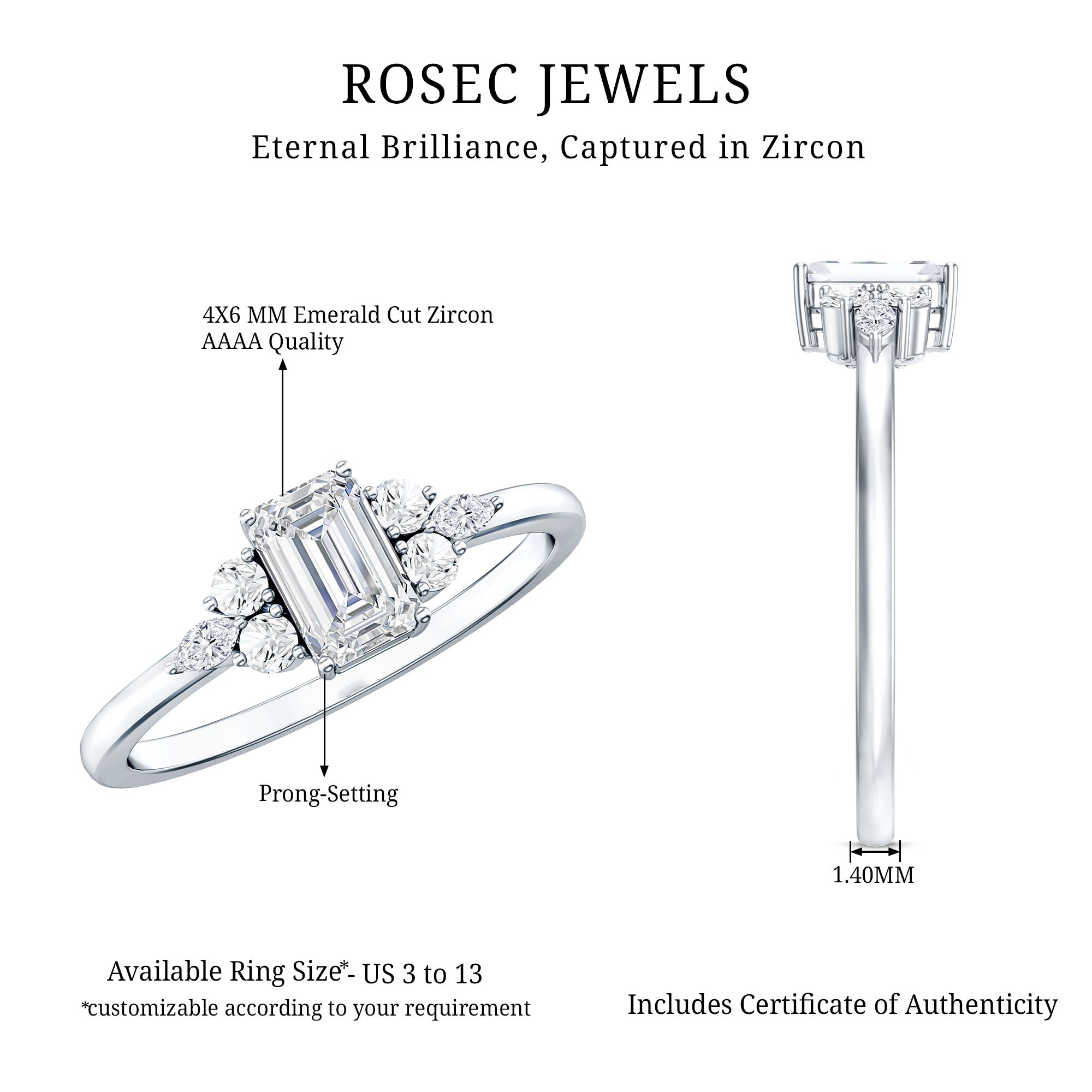 1 CT Octagon Cut Cubic Zirconia Engagement Ring with Trio