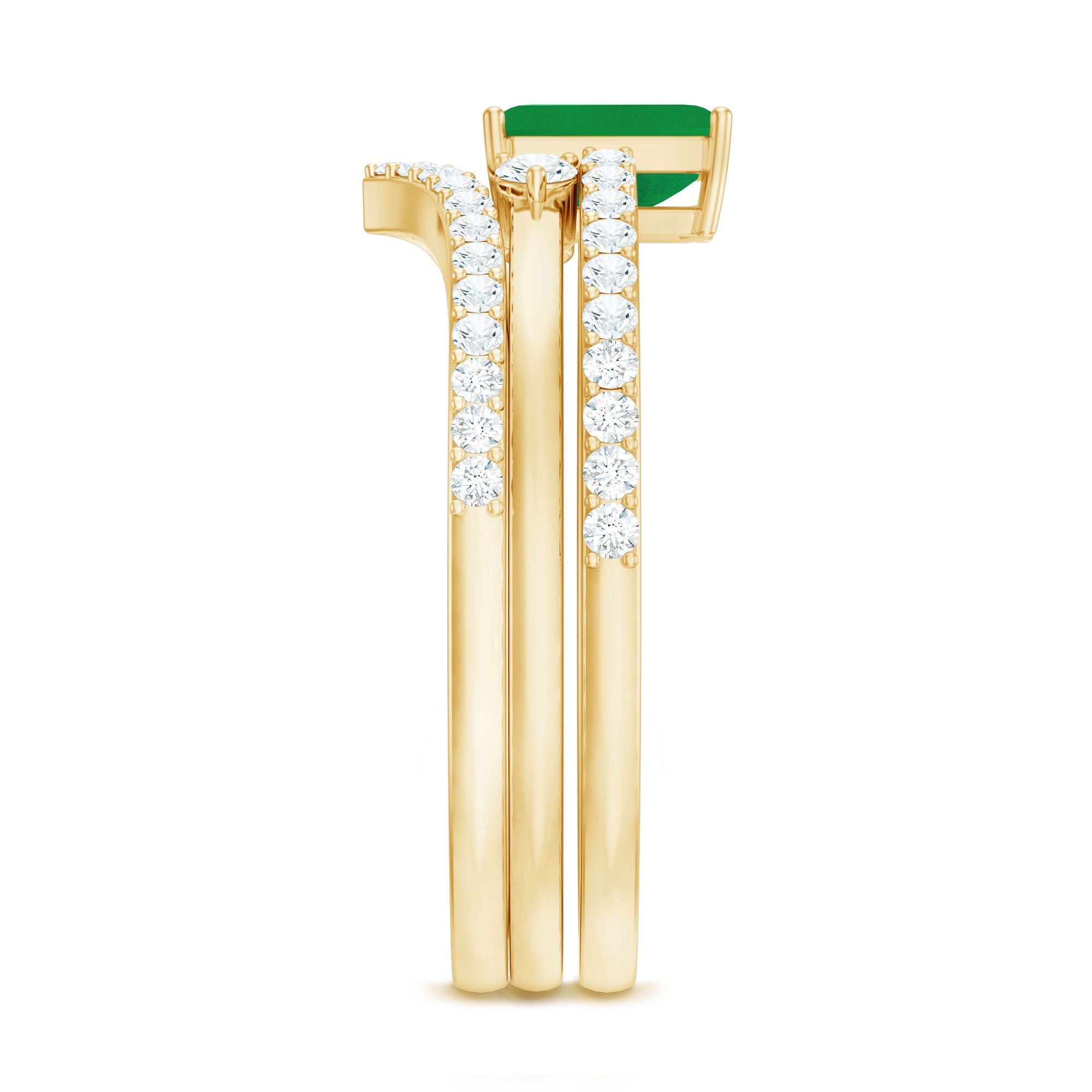 Natural Emerald Cut Emerald Diamond 3 Piece Bridal Ring Set