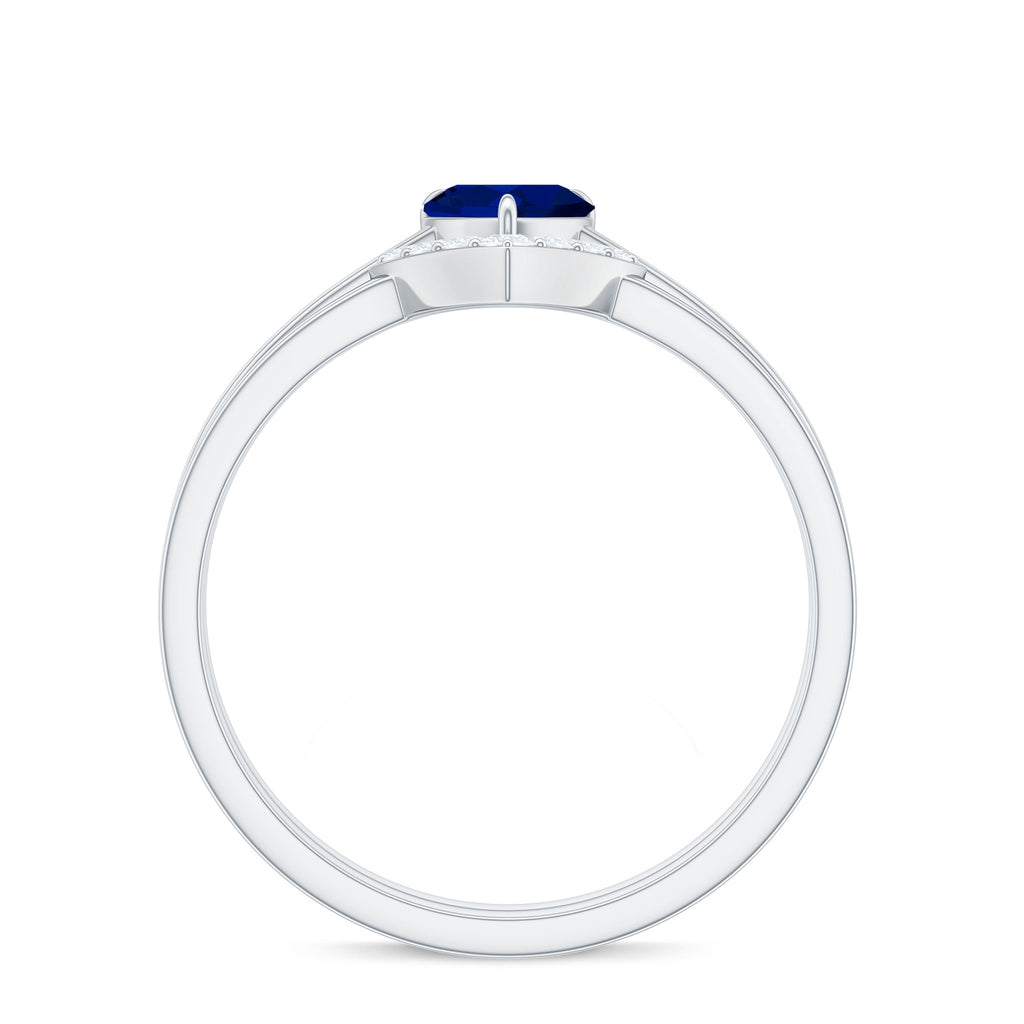 3/4 CT Heart Shape Blue Sapphire Solitaire Ring Set with Diamond Chevron Band