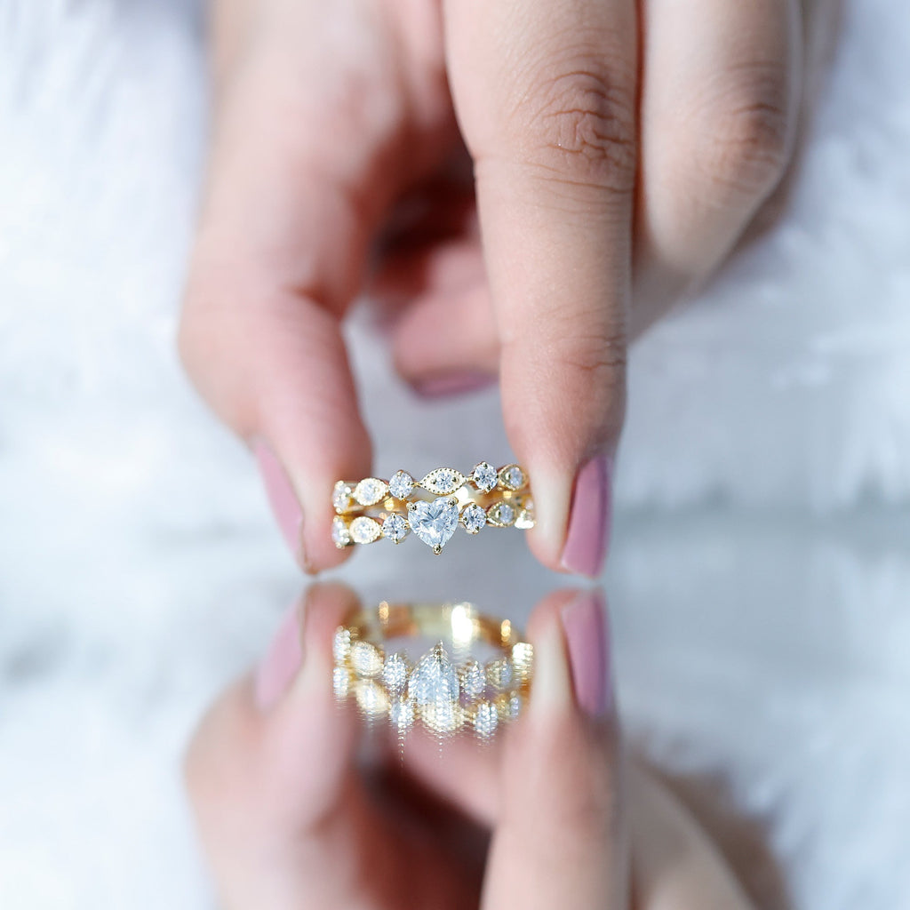 Heart Shape Moissanite Vintage Wedding Ring Set