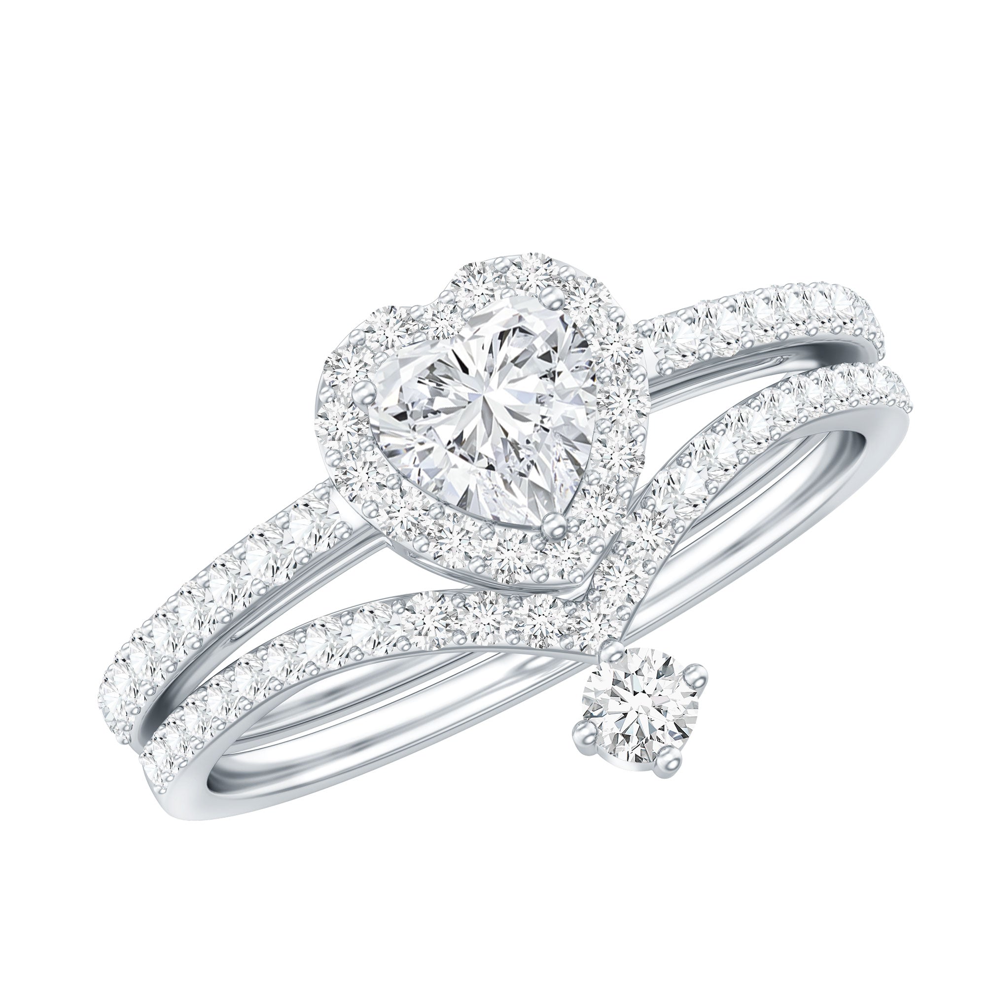 Cubic Zirconia Heart Ring Set with V Shape Band