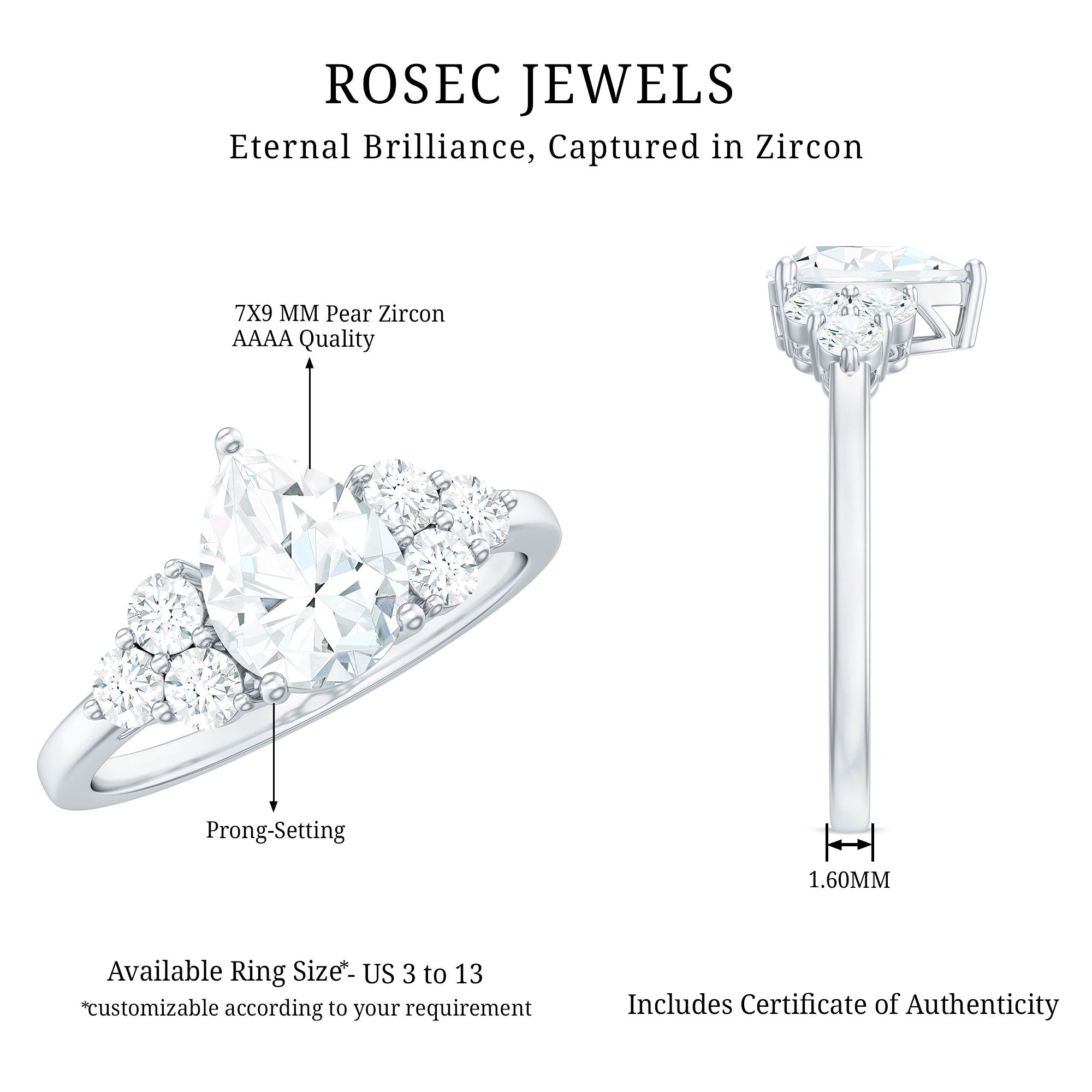 Zircon Teardrop Engagement Ring with Cluster Accent