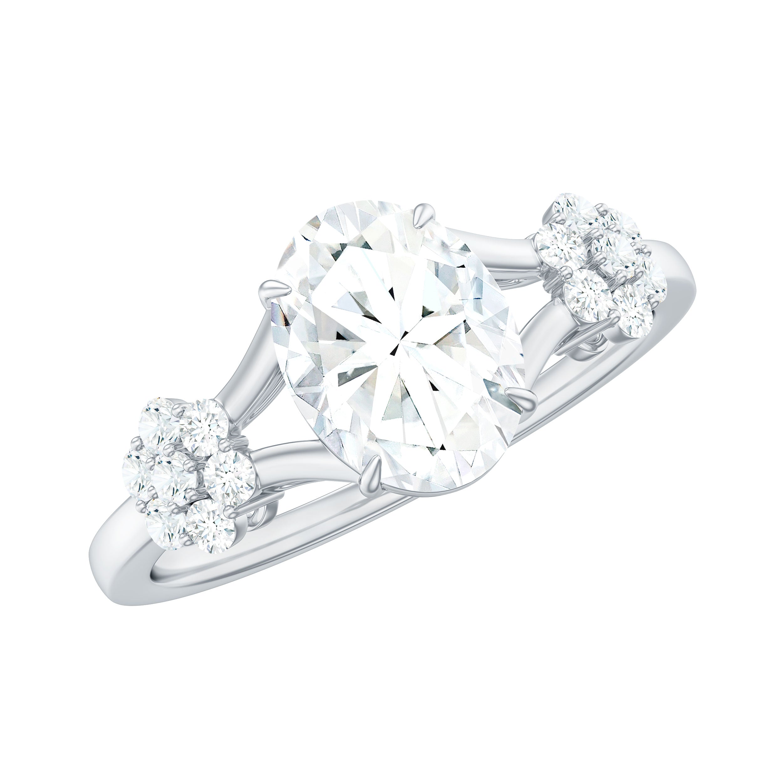1 Carat Oval Cut Zircon Flower Engagement Ring with Split Shank