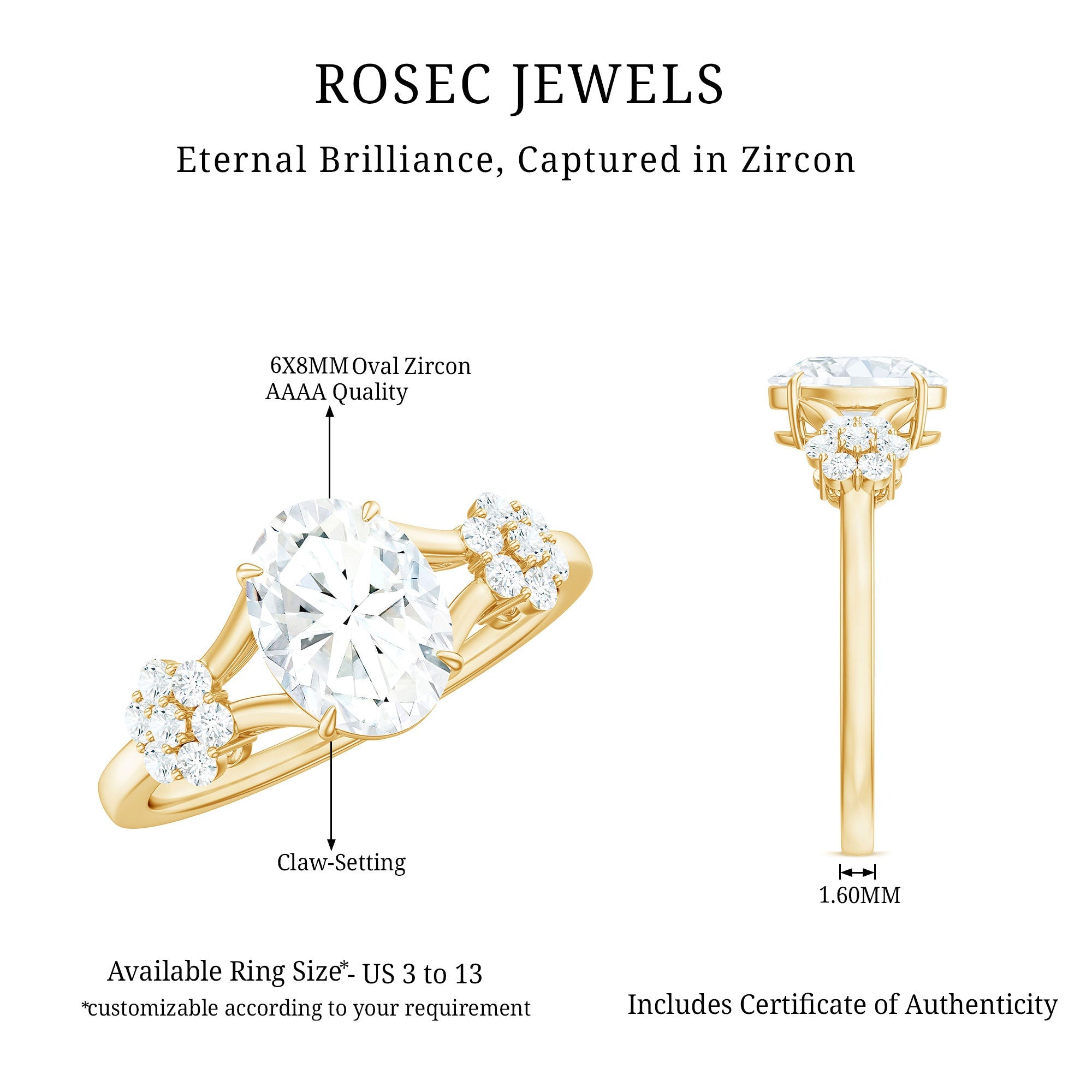 1 Carat Oval Cut Zircon Flower Engagement Ring with Split Shank