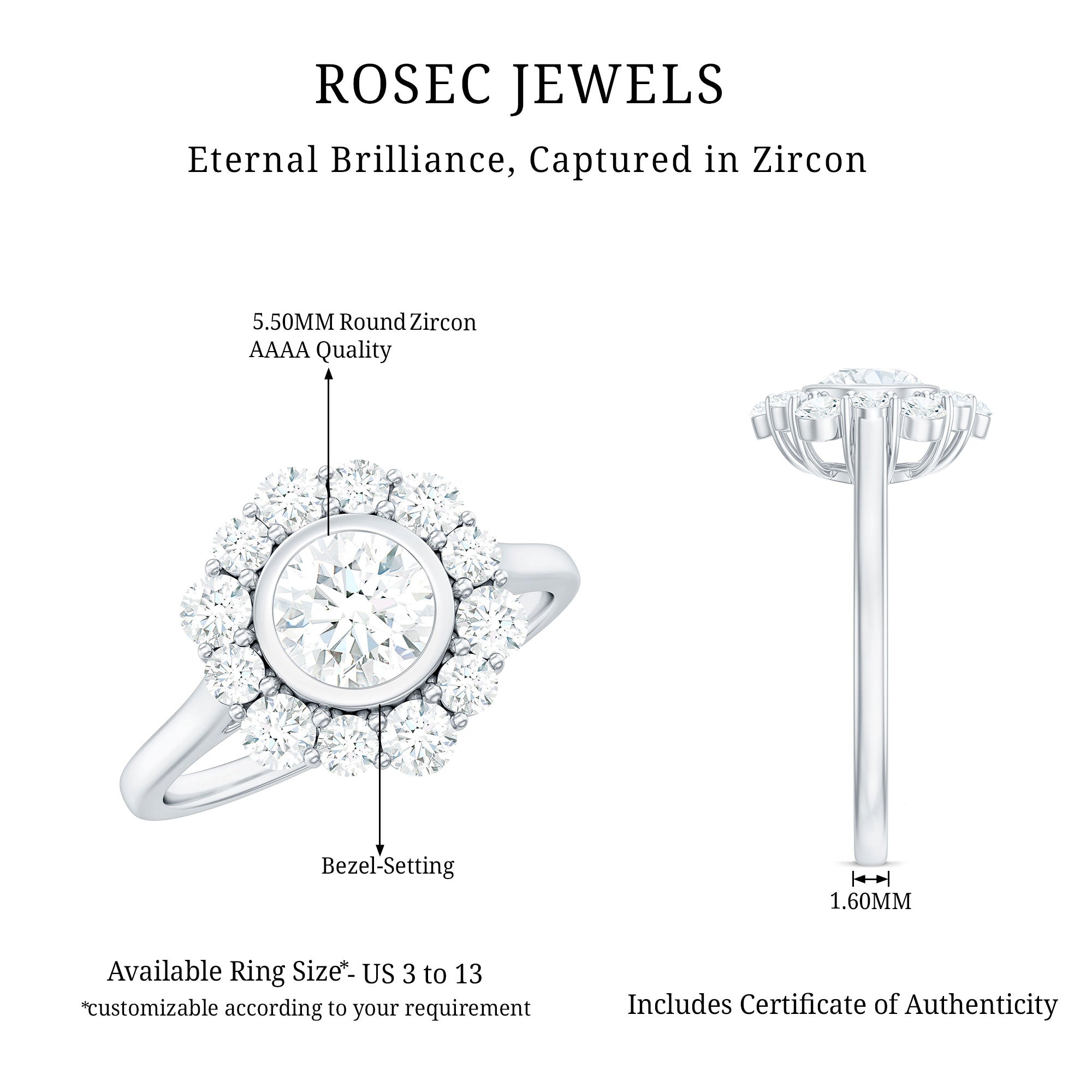 1.50 CT Bezel Set Zircon Statement Halo Engagement Ring